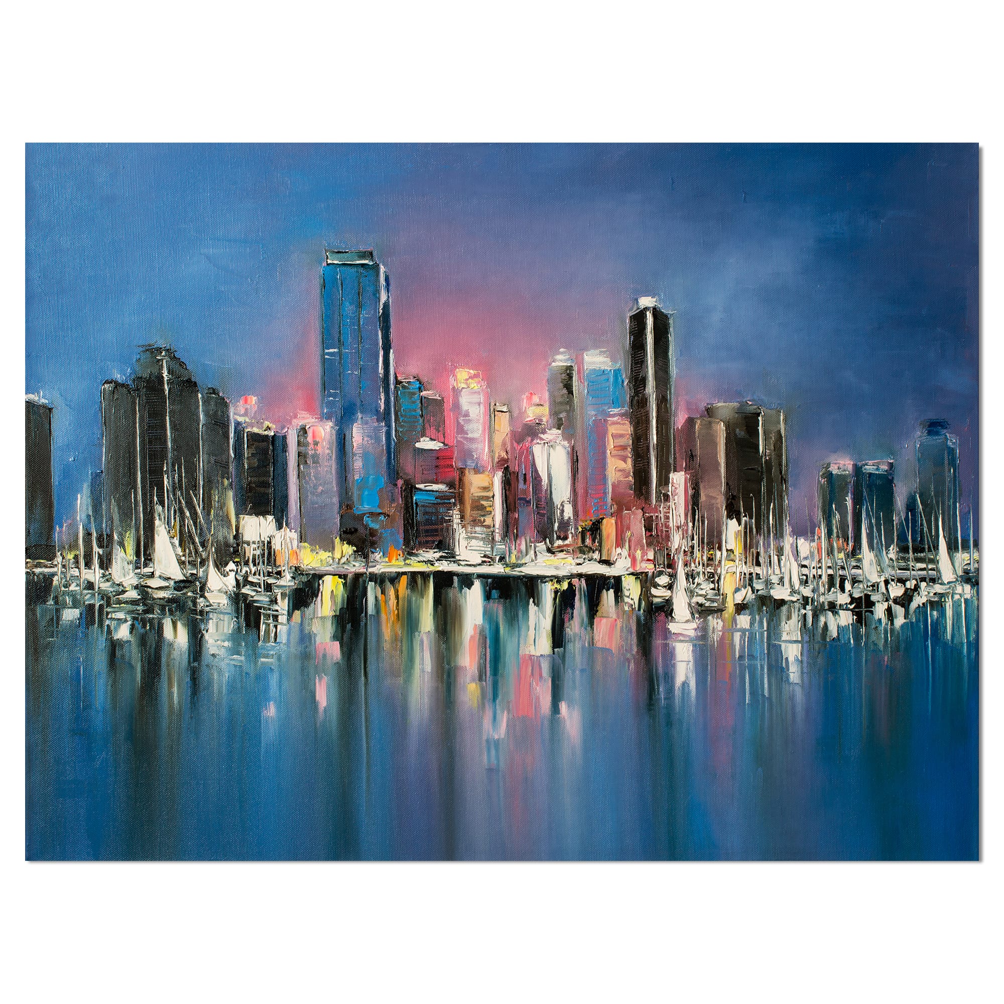 Designart - Coastal City Fantasy Night Scene in Oil Painting