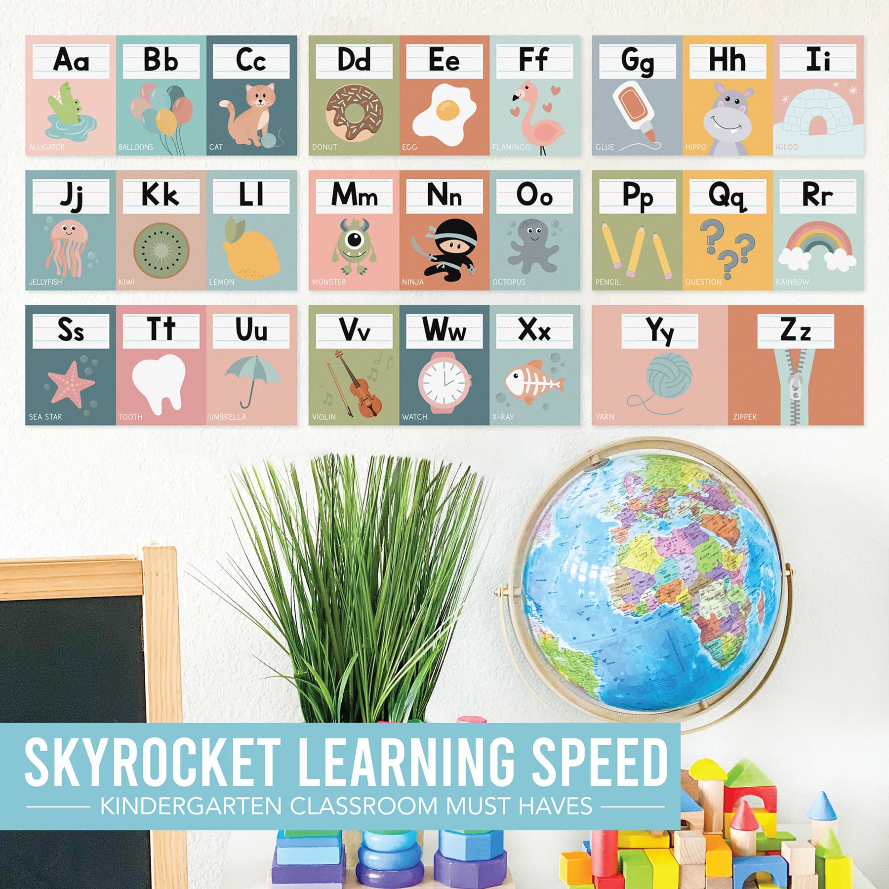 Hadley Designs 6" x 14" Boho Muted Number Line & Alphabet Letters for Classroom Wall Set