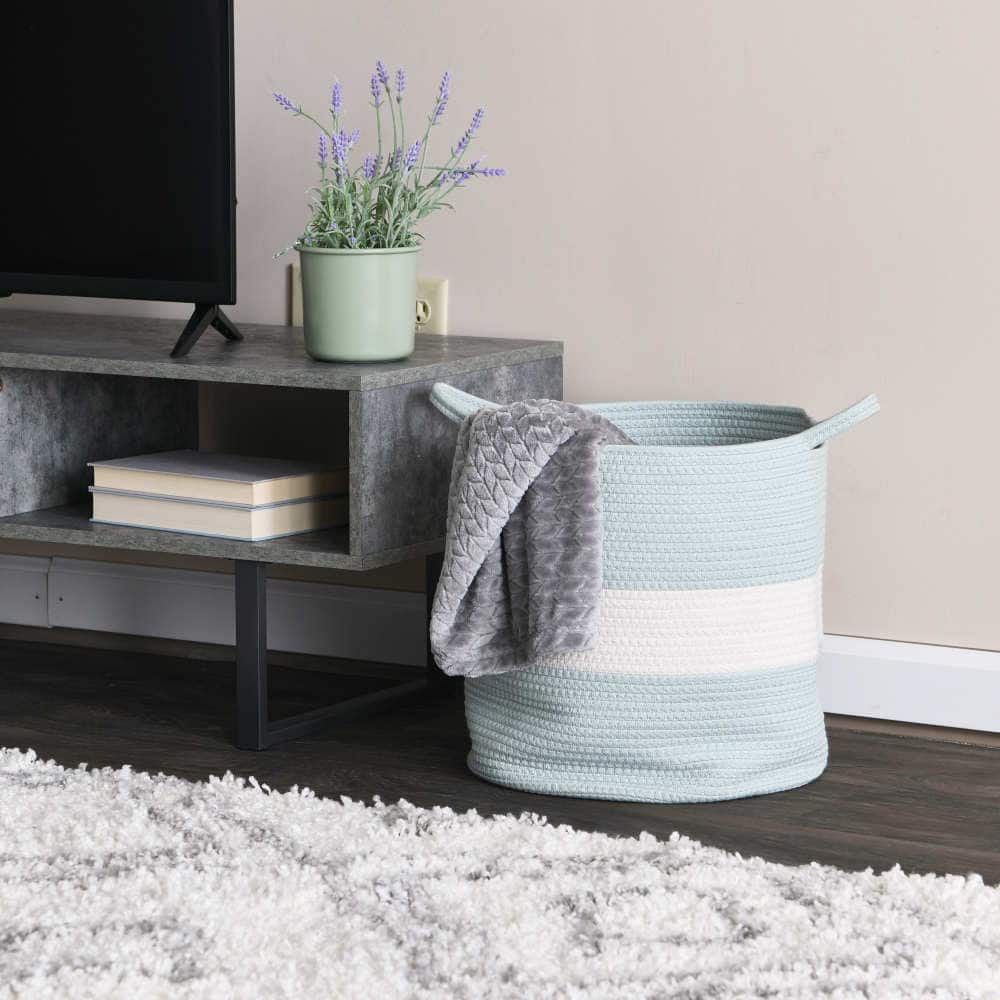 Household Essentials 15" Sky Blue & White Broadband Cotton Rope Basket
