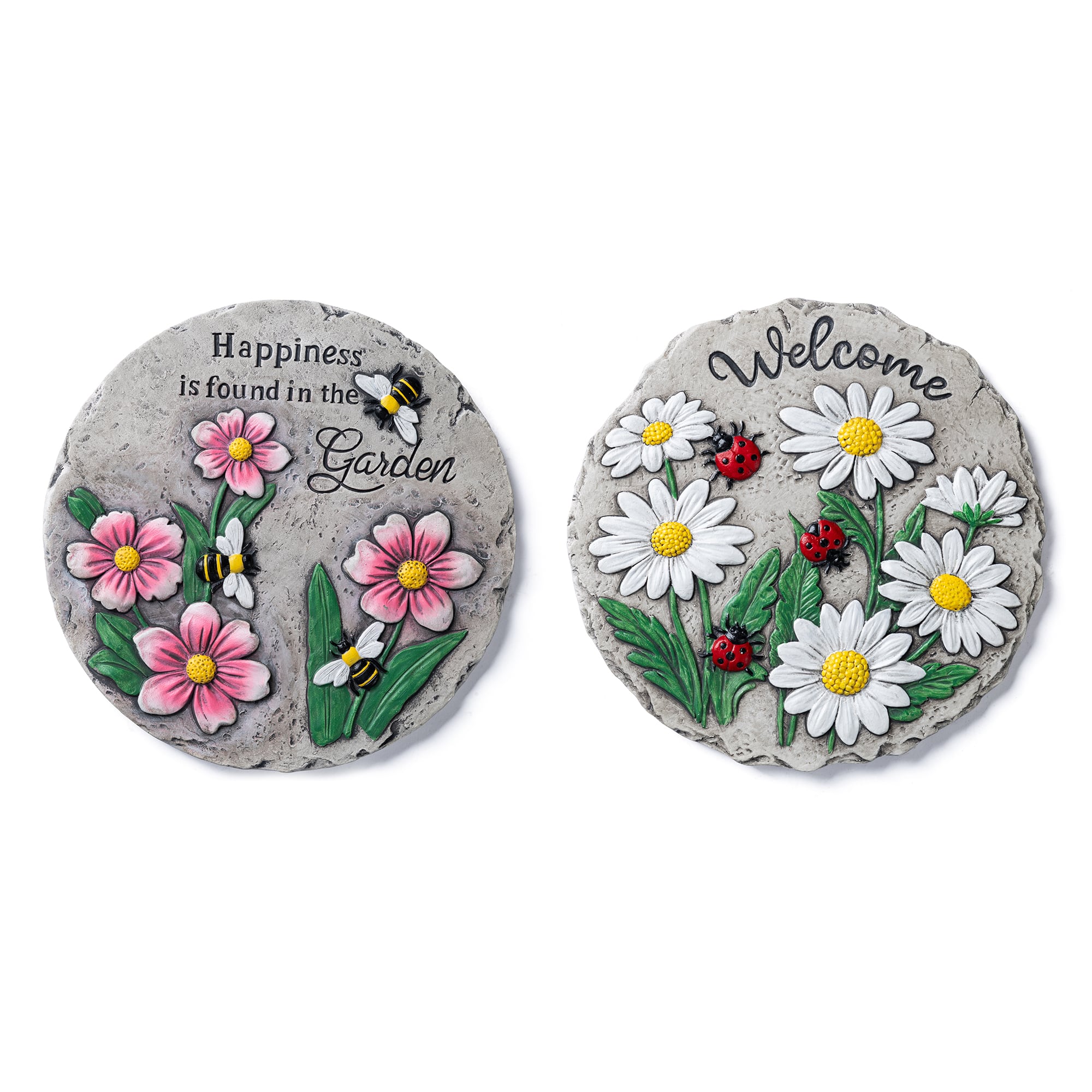 Glitzhome® 10" Set of 2 Cement Ladybug and Bee Flower Textured Stepping Stones