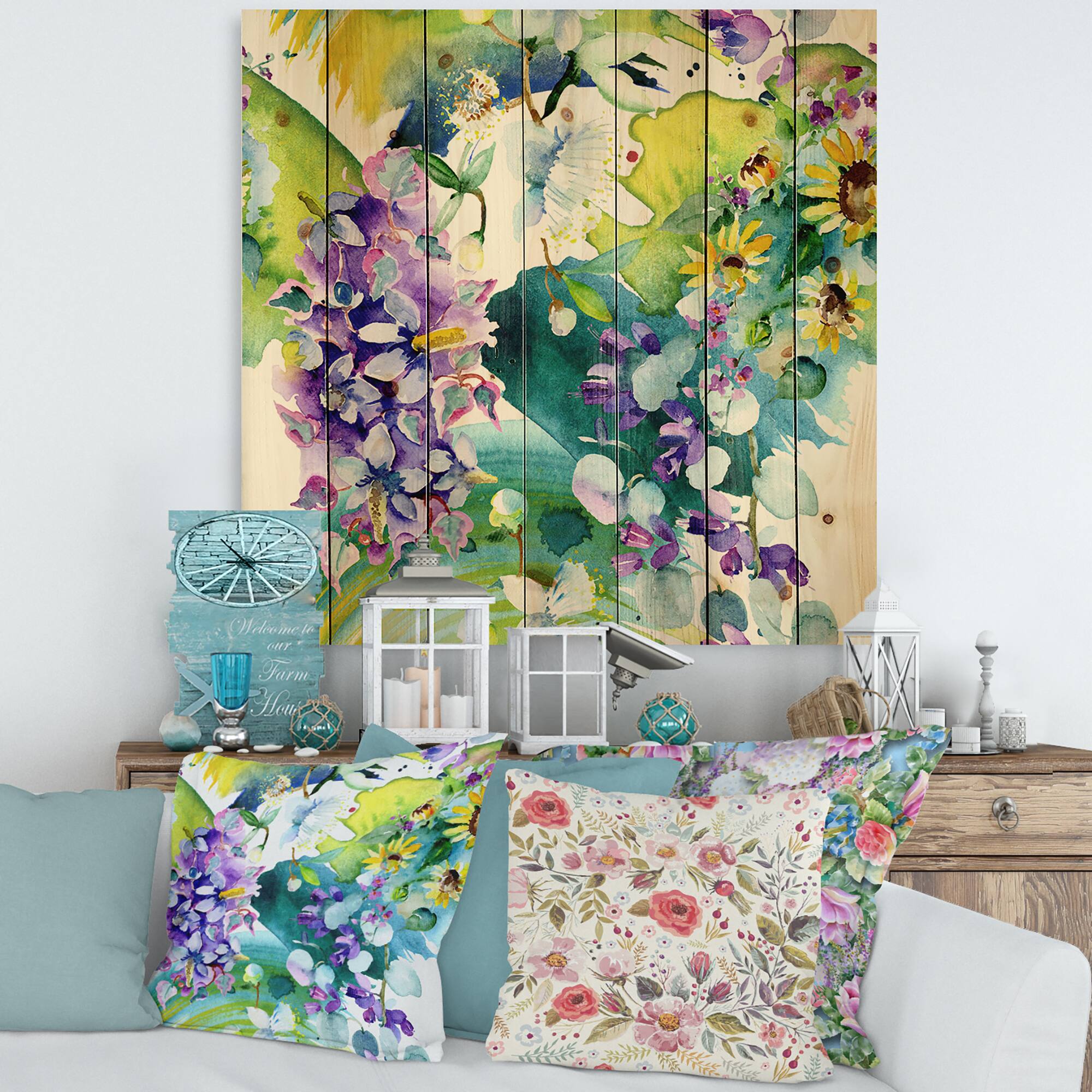 Designart - Bouquet of Wildflowers and Sunflowers - Farmhouse Print on Natural Pine Wood
