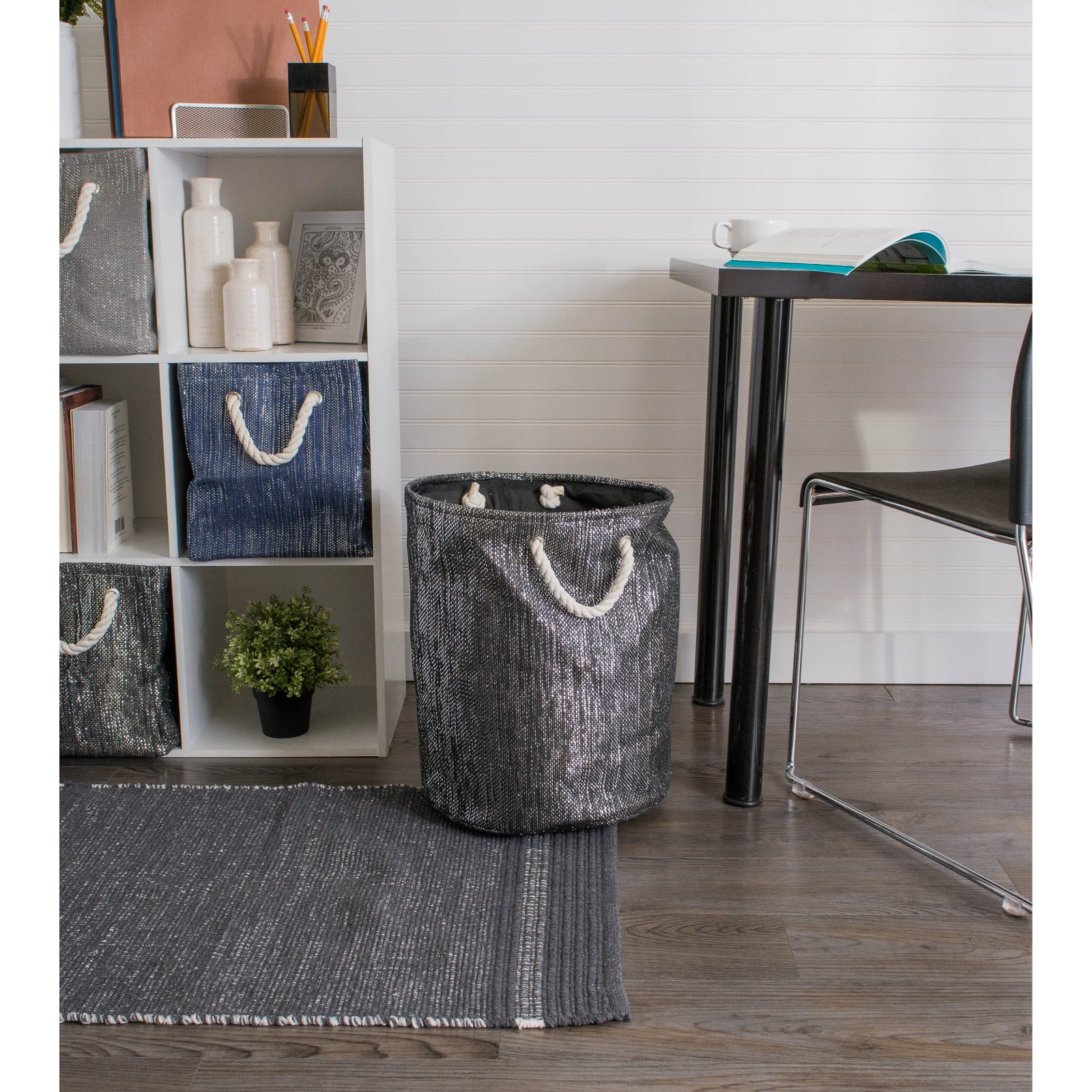 DII® 12" Lurex Black & Silver Round Paper Bin