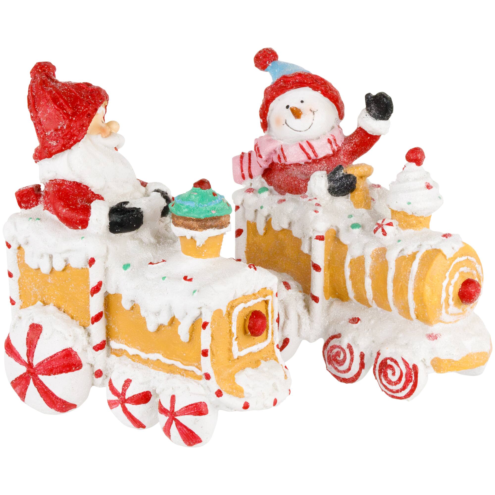 6.75" Santa & Snowman on Gingerbread Trains Christmas Figure Set