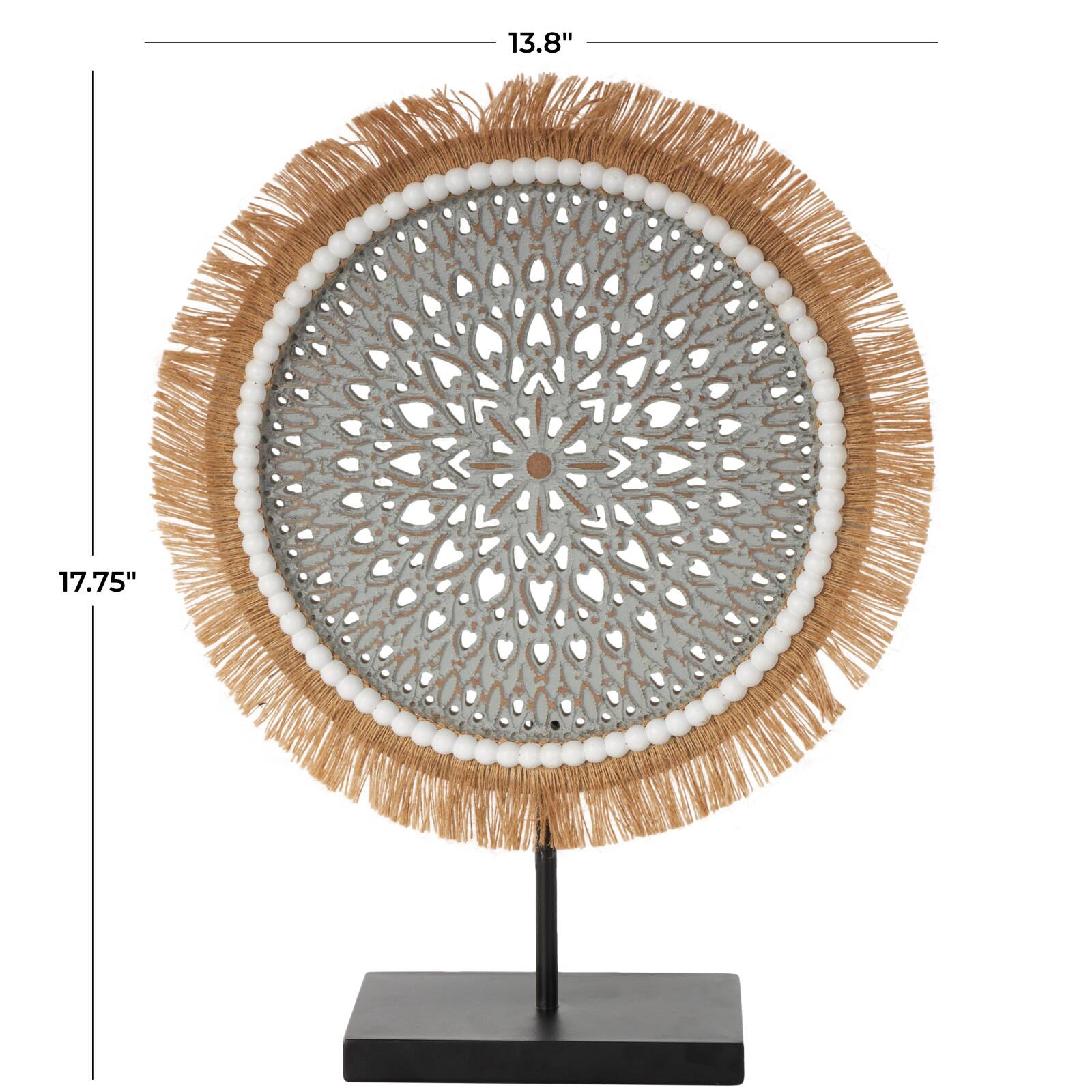 17.75" Gray Wooden Tribal Handmade Seagrass Fringed Decorative Sculpture with Black Base