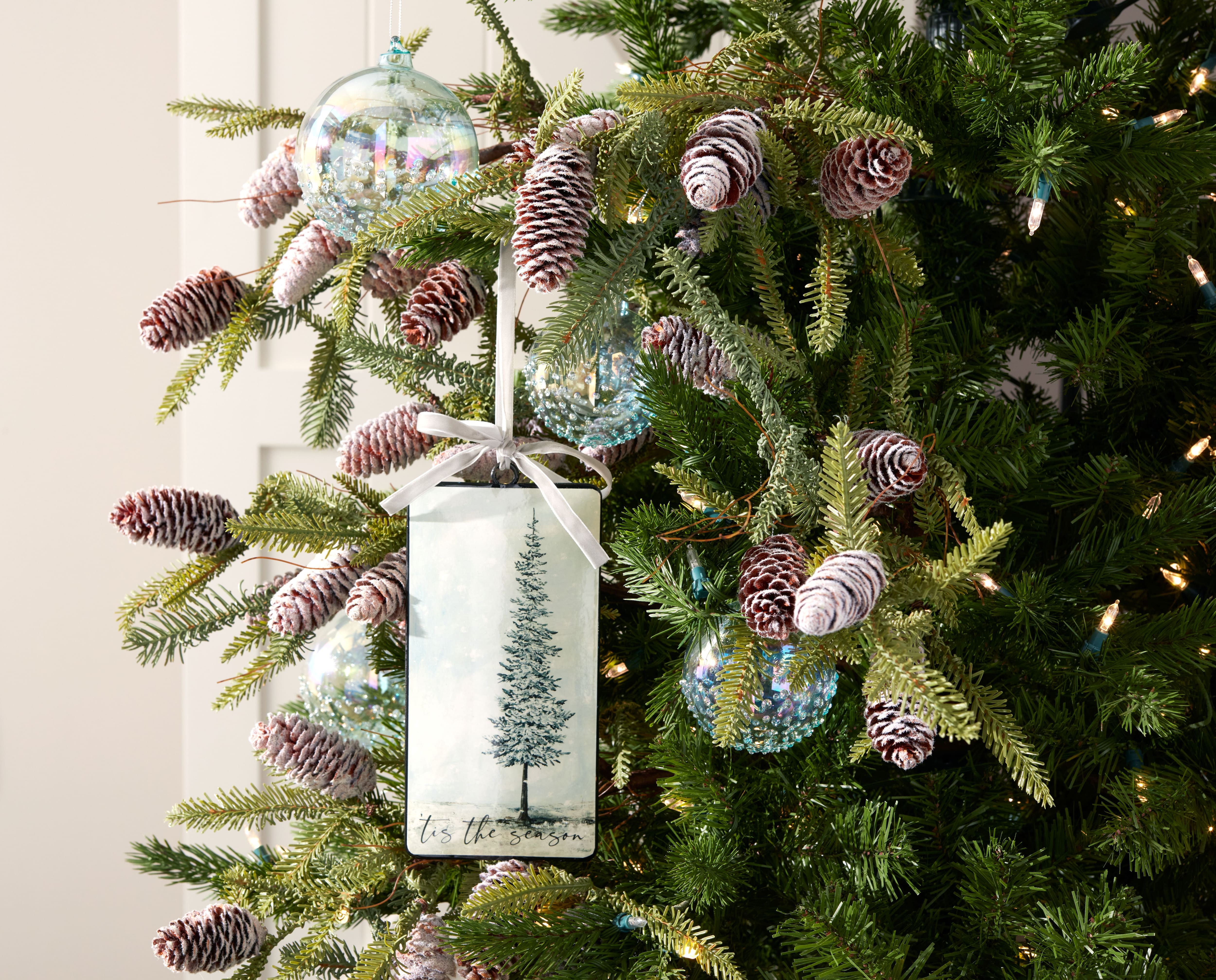 Blue & Green “Tis the Season” Pine Tree Christmas Ornaments, 12ct.