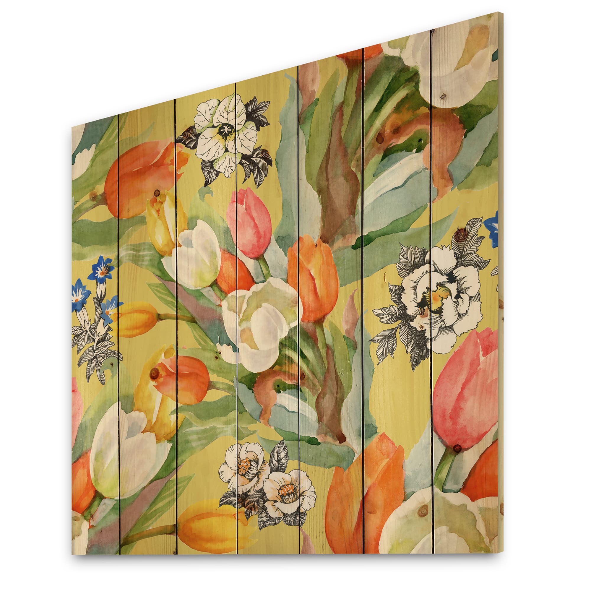 Designart - Blooming White and Orange Tulips I - Traditional Print on Natural Pine Wood