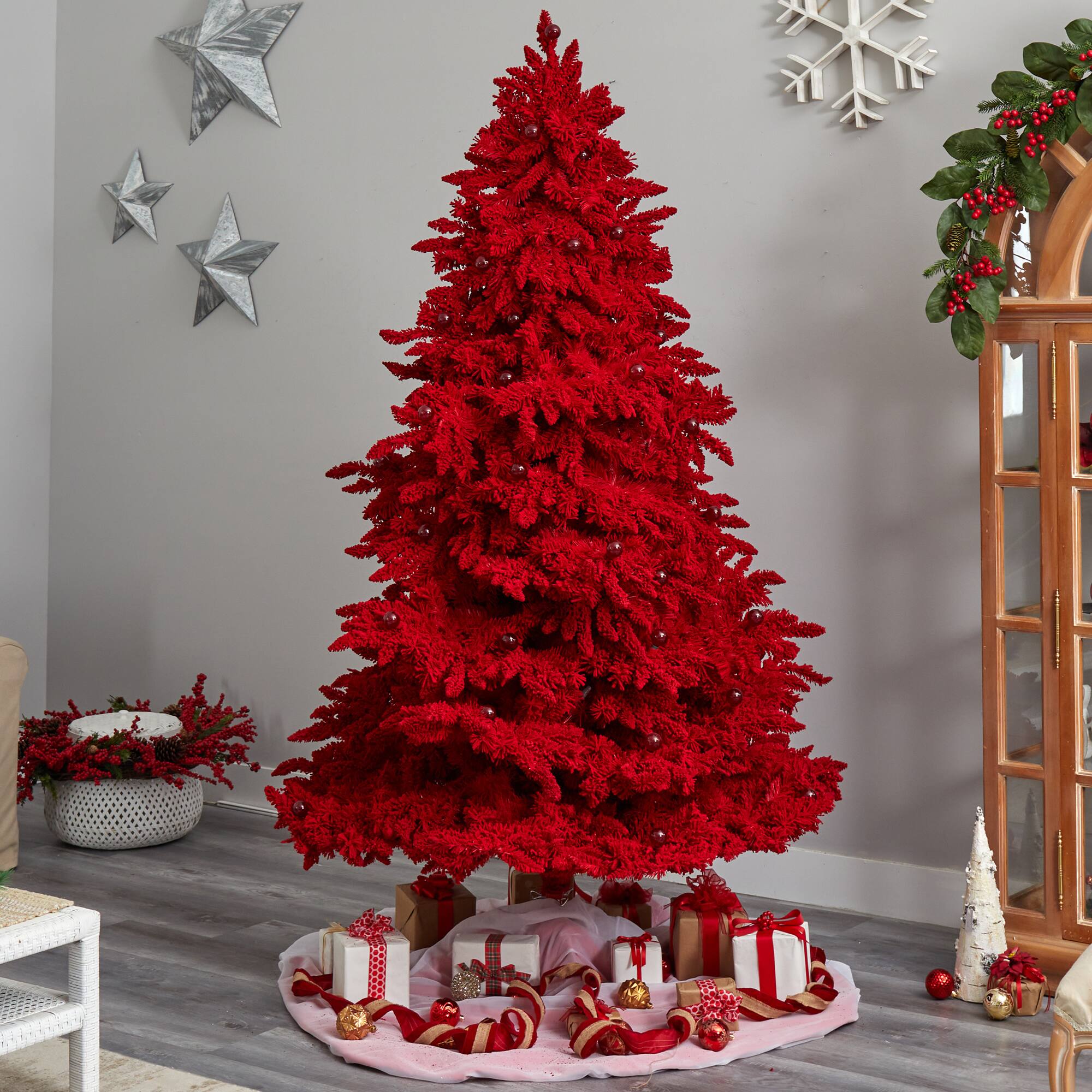 8ft. Pre-Lit Red Flocked Fraser Fir Artificial Christmas Tree, Red Lights