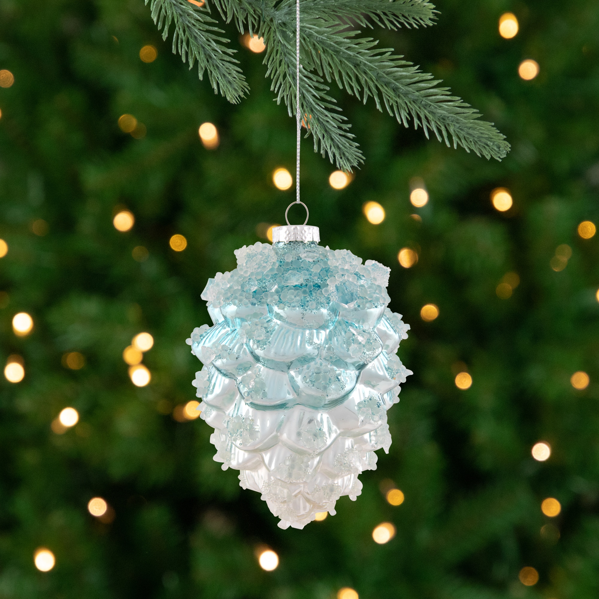 Icy Pine Cone Glass Christmas Ornament - 4.75" - Blue and White