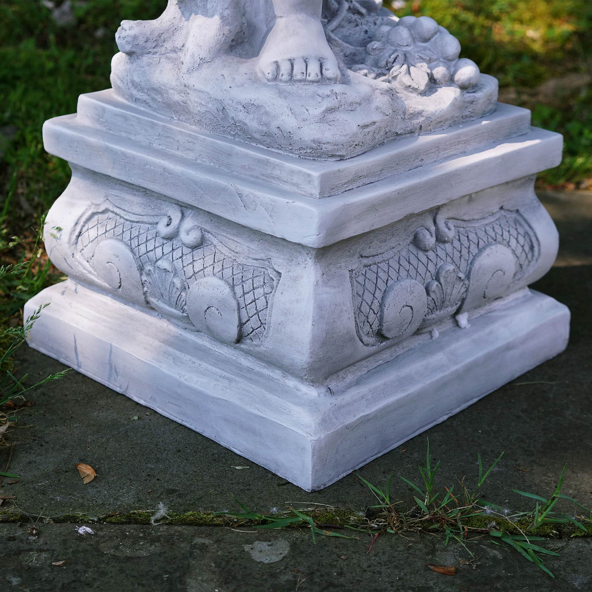28.75" Gray Cherub Angel Standing on Pedestal Holding a Fruit Basket Outdoor Garden Statue