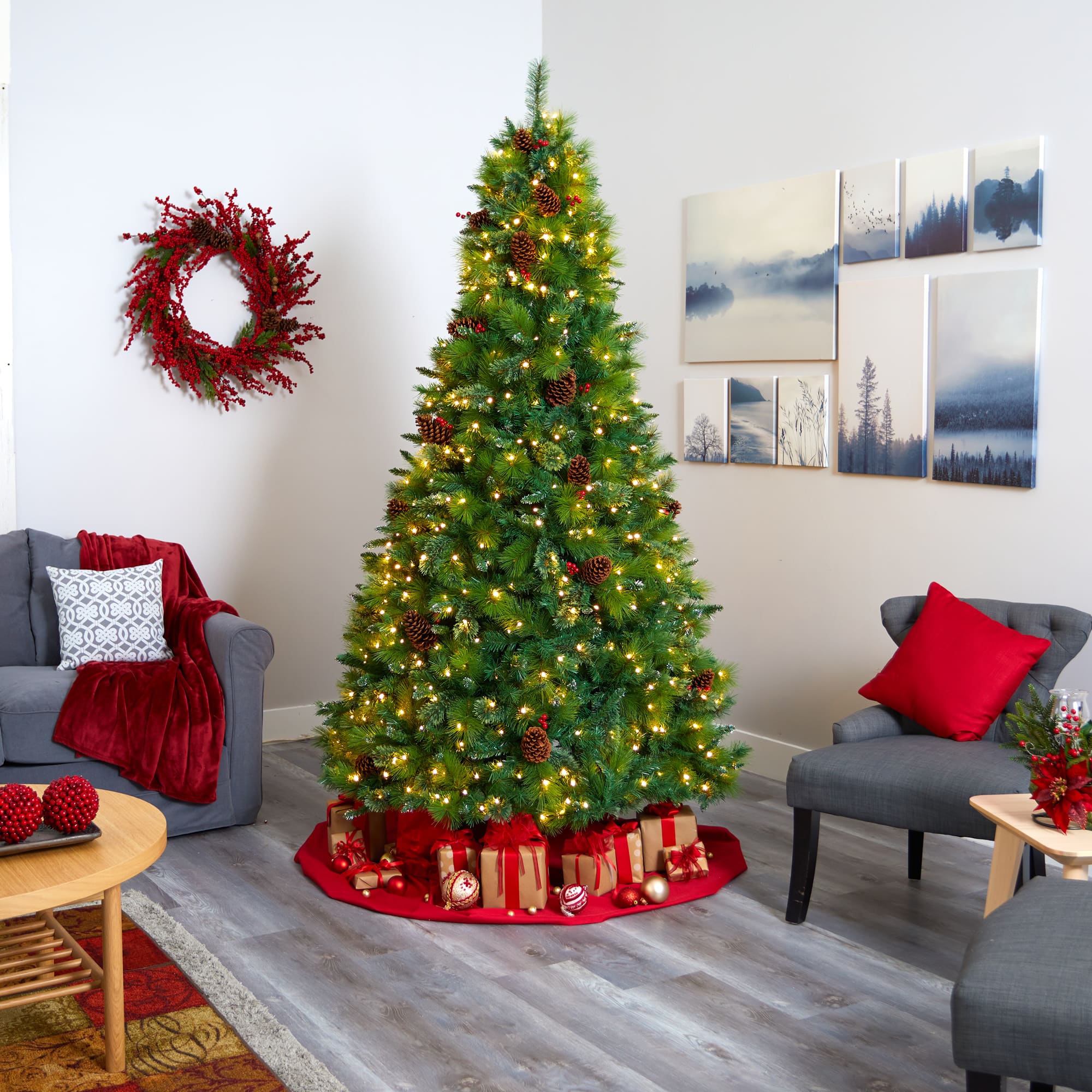 8ft. Pre-Lit Montana Mixed Pine, Pinecones & Berries Artificial Christmas Tree with Clear LED Lights