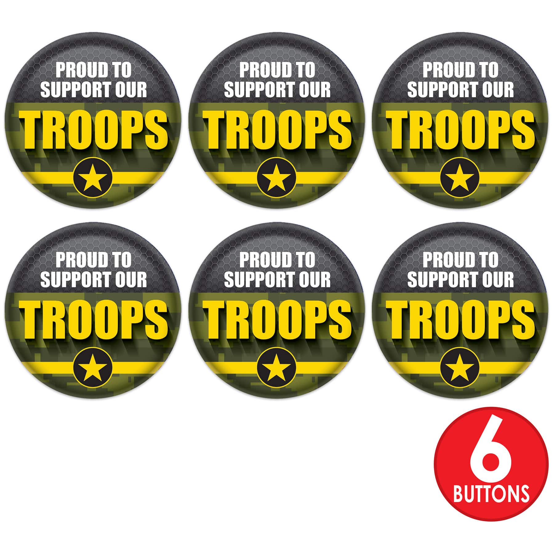 Beistle 2" Green Camouflage Proud To Support Our Troops Buttons, 6ct.