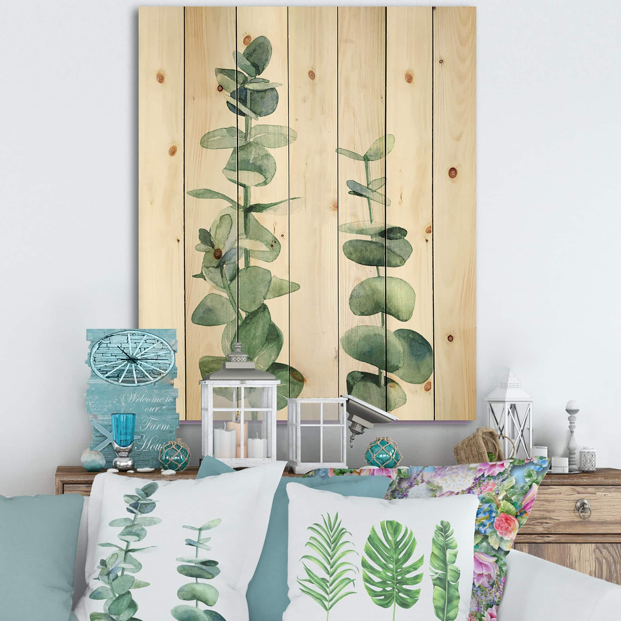 Designart - Silver Blue Eucalyptus Branch - Tropical Print on Natural Pine Wood