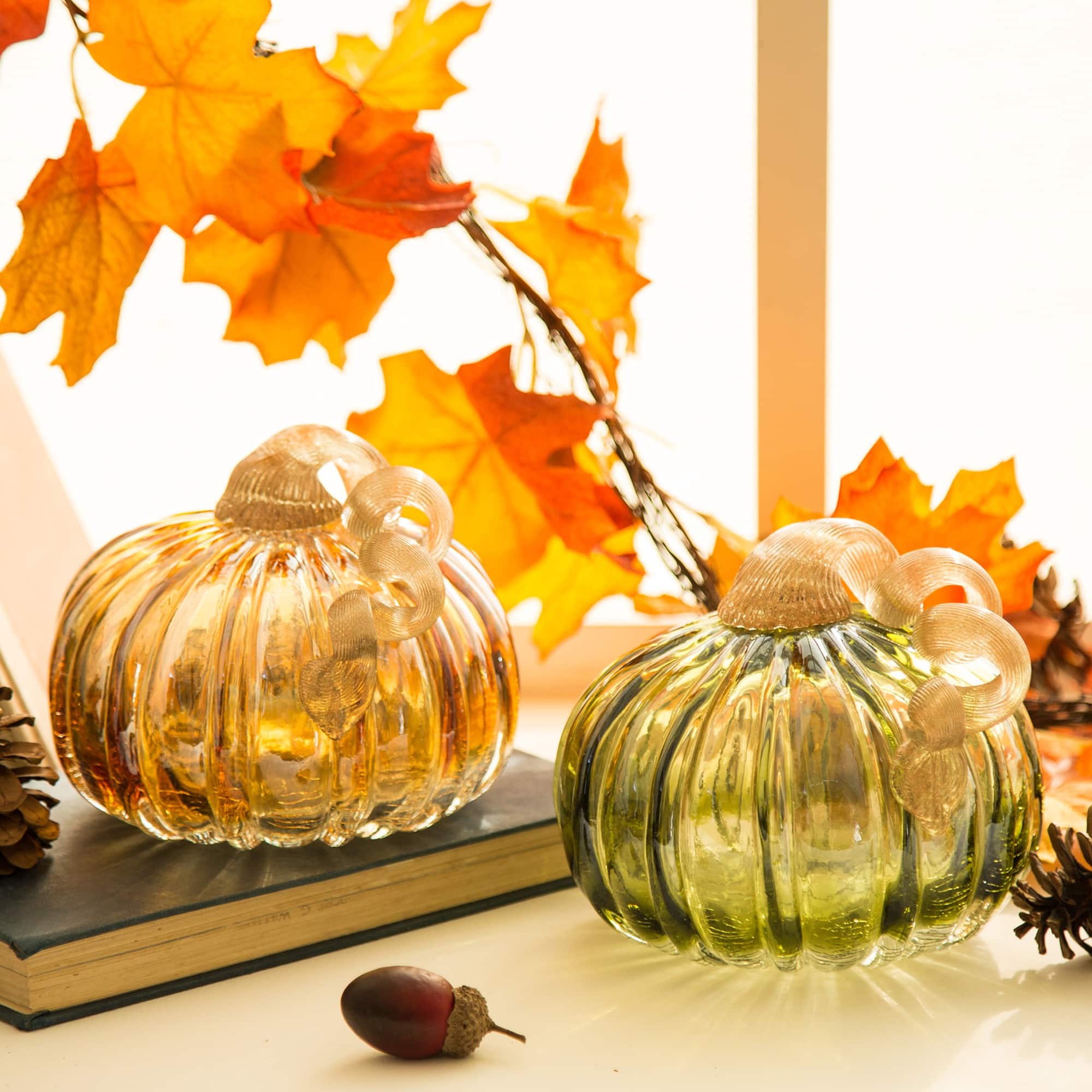 Glitzhome® 6" Green & Amber Crackle Glass Short Pumpkin, 2ct.