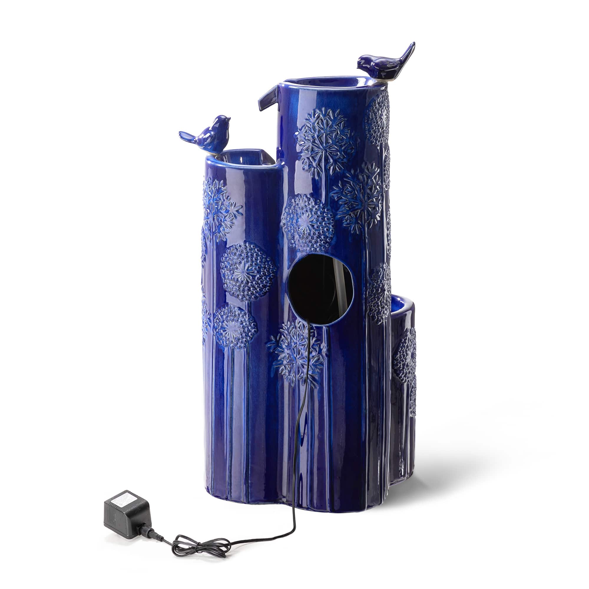 Glitzhome® 31.75" Cobalt Blue 4-Tier Dandelion Texture Vase-Shaped Ceramic Outdoor Fountain with LED Light