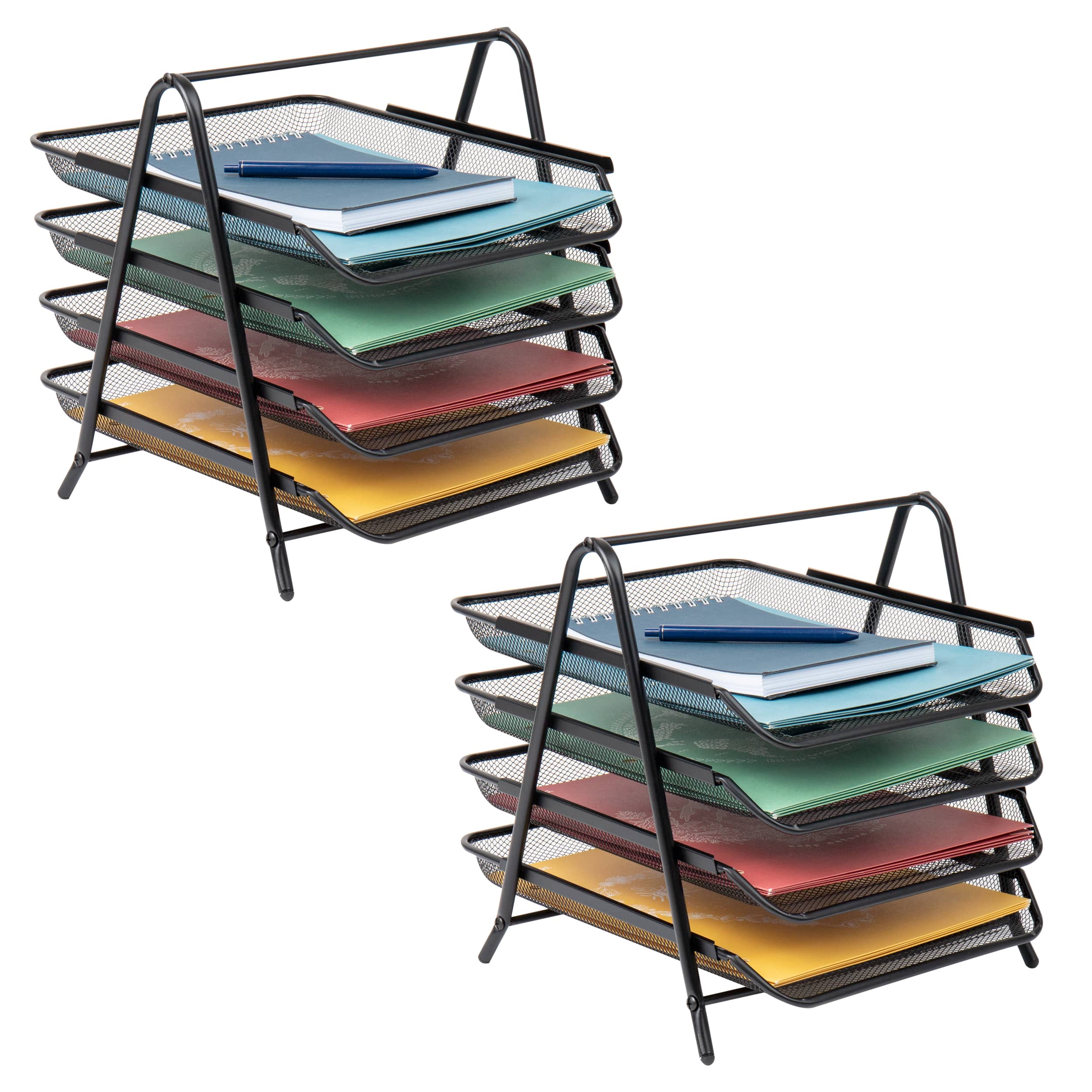 Mind Reader 4-Tier Paper Tray, Desktop Organizer, File Storage, Office, Metal Mesh, 12"L x 13.75"W x 12.5"H, Pack of 2, Black