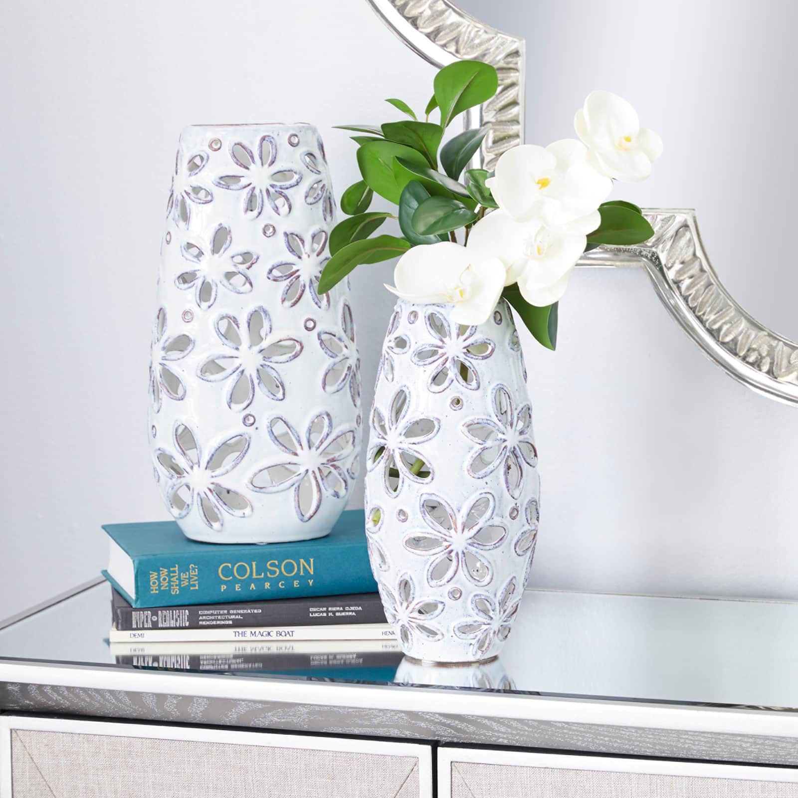 Set of 2 White Ceramic Farmhouse Vase 14", 11"