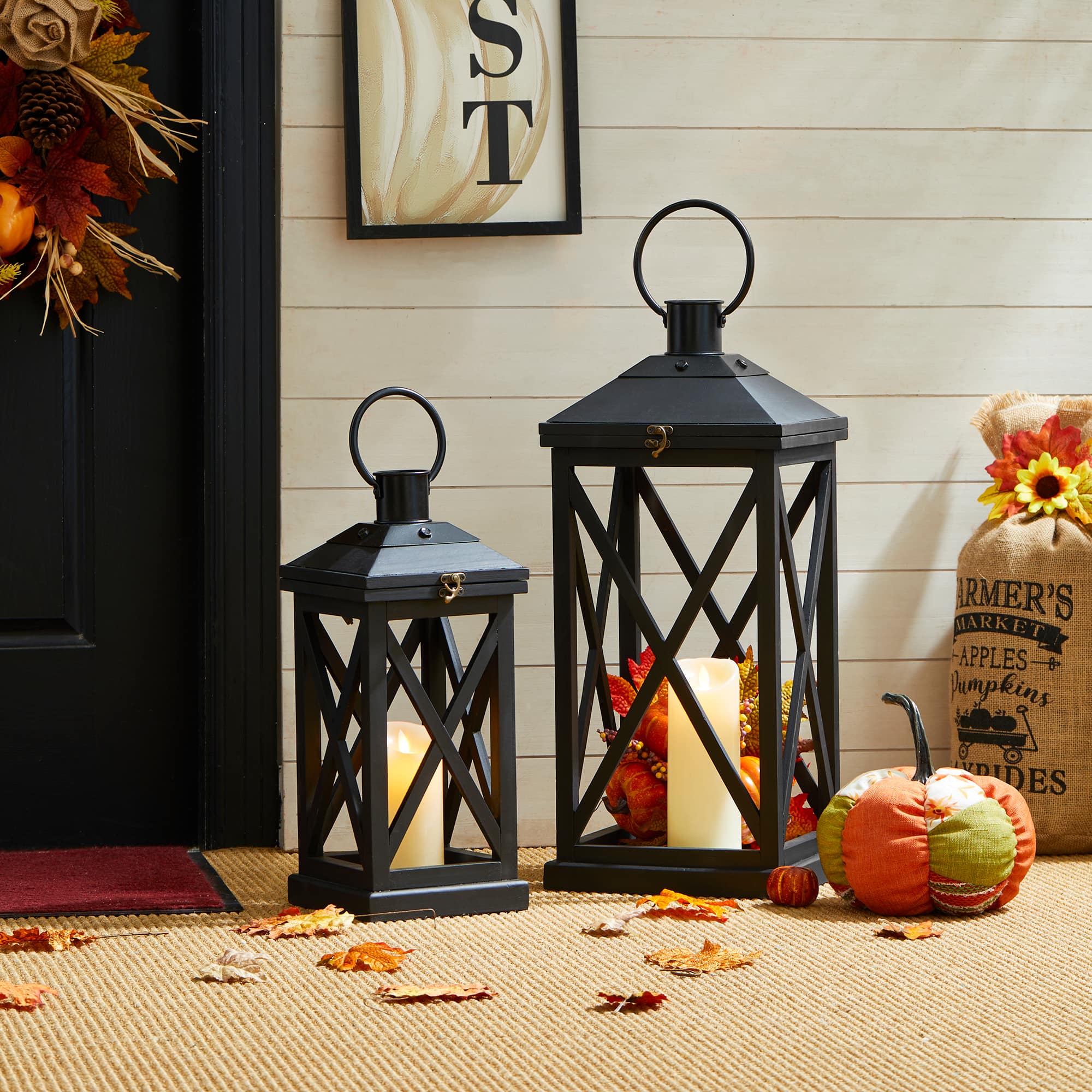 Glitzhome® Black Farmhouse Wood & Metal Lanterns Set