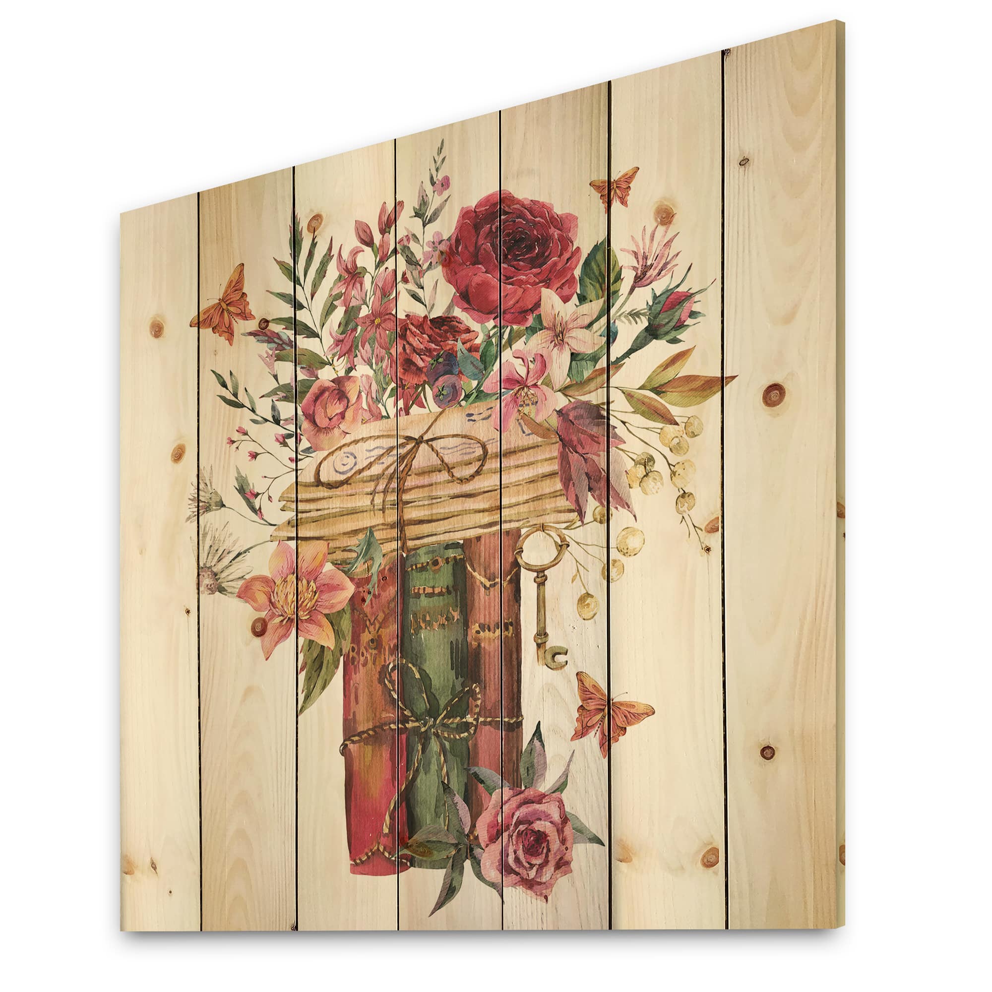 Designart - Vintage Old Books With Wildflowers - Farmhouse Print on Natural Pine Wood