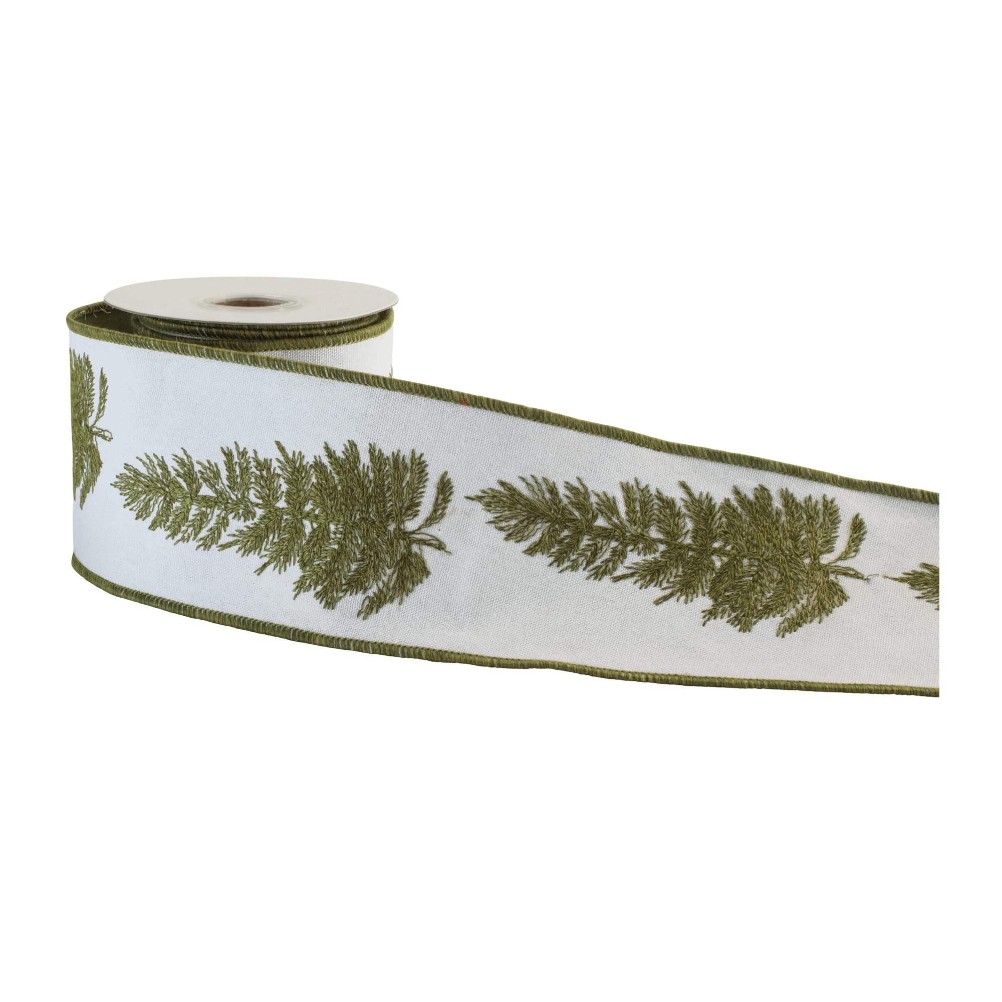 Melrose 4" x 5yd. Green & White Embroidered Pine Branch Wired Ribbon