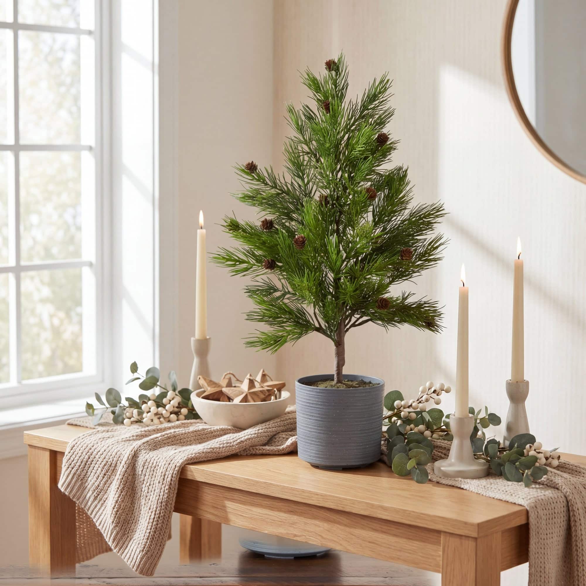 Nearly Natural 22" Artificial Real Touch Cedar Christmas Tree with Pinecones in Gray Decorative Planter