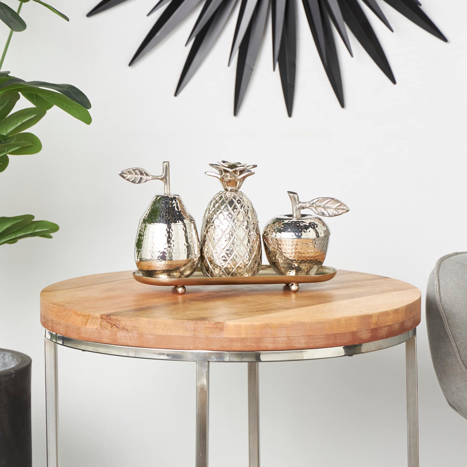Silver Fruit Decorative Jars with Matching Leaf Tray Set