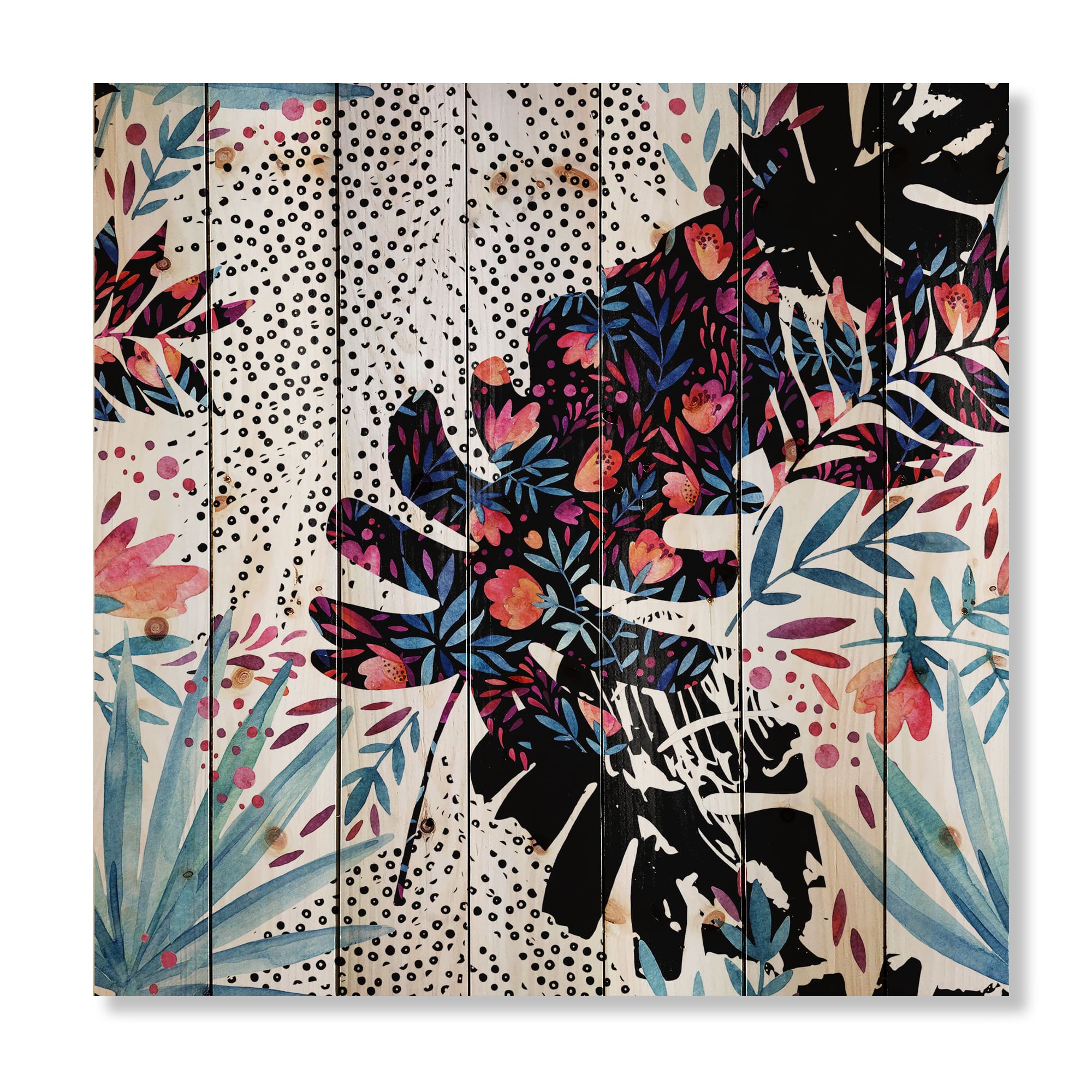 Designart - Tropical Floral Patchwork I - Tropical Print on Natural Pine Wood