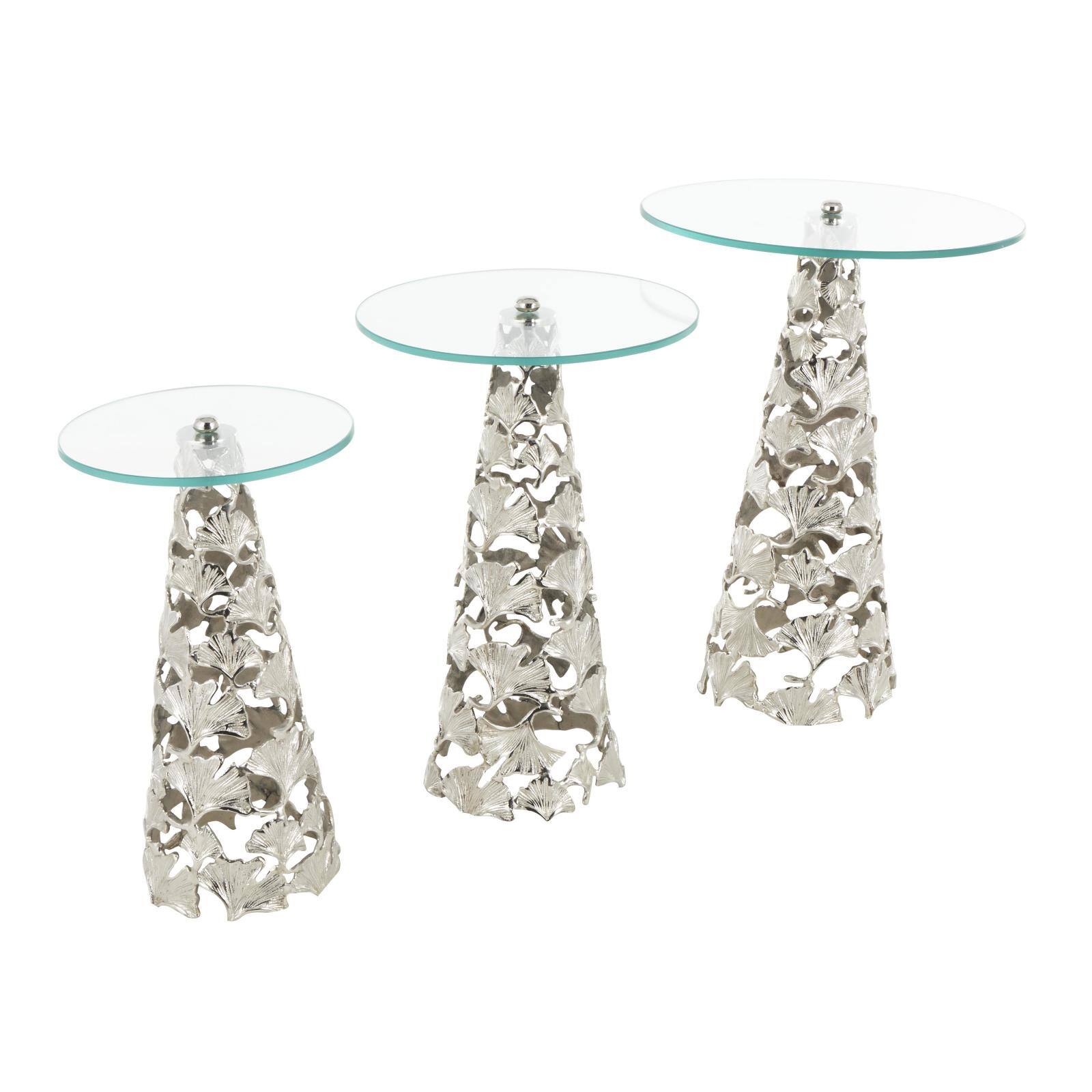 Silver Accent Table with Tempered Glass Tabletops Set