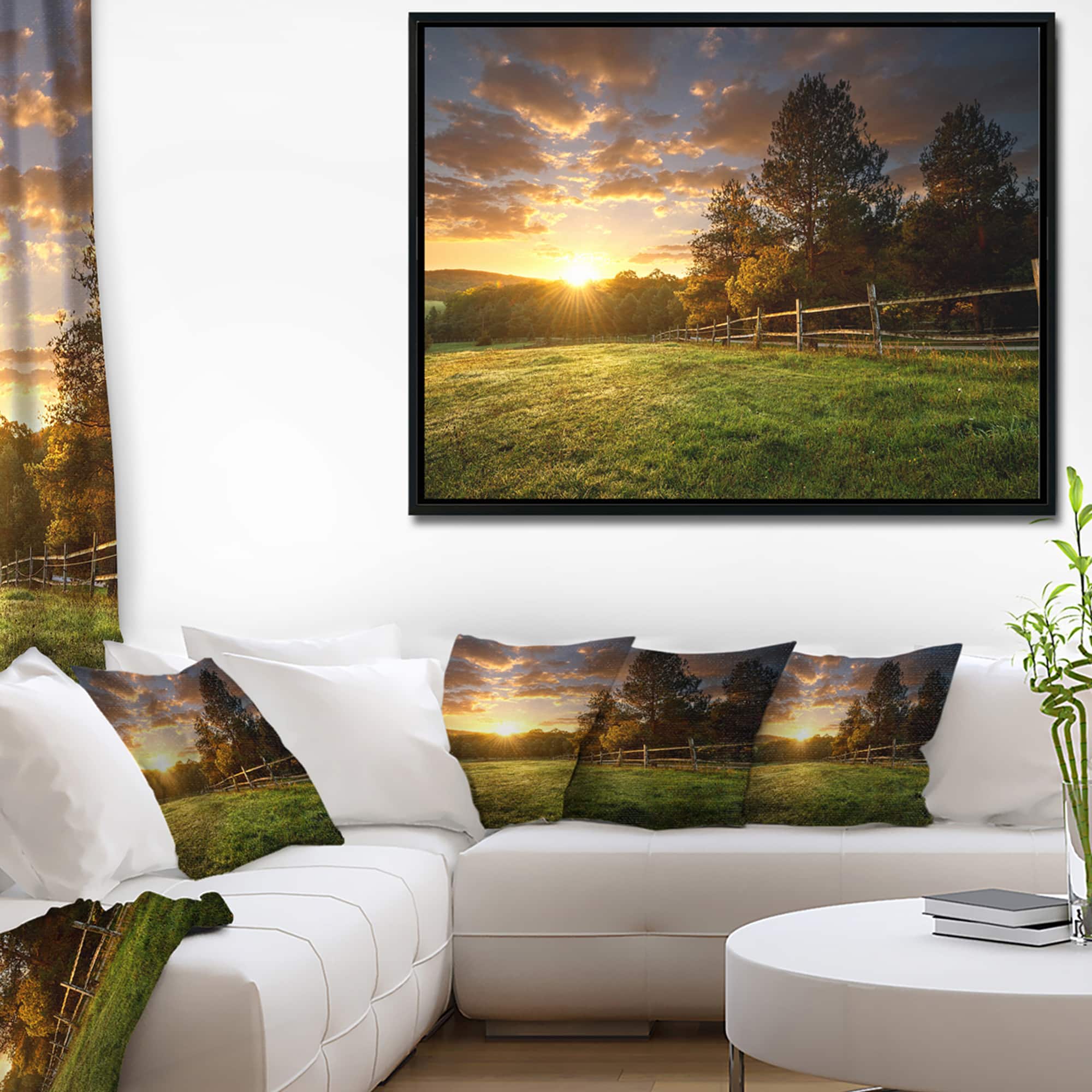 Designart - Fenced Ranch at Sunrise - Landscape Framed Canvas Art Print