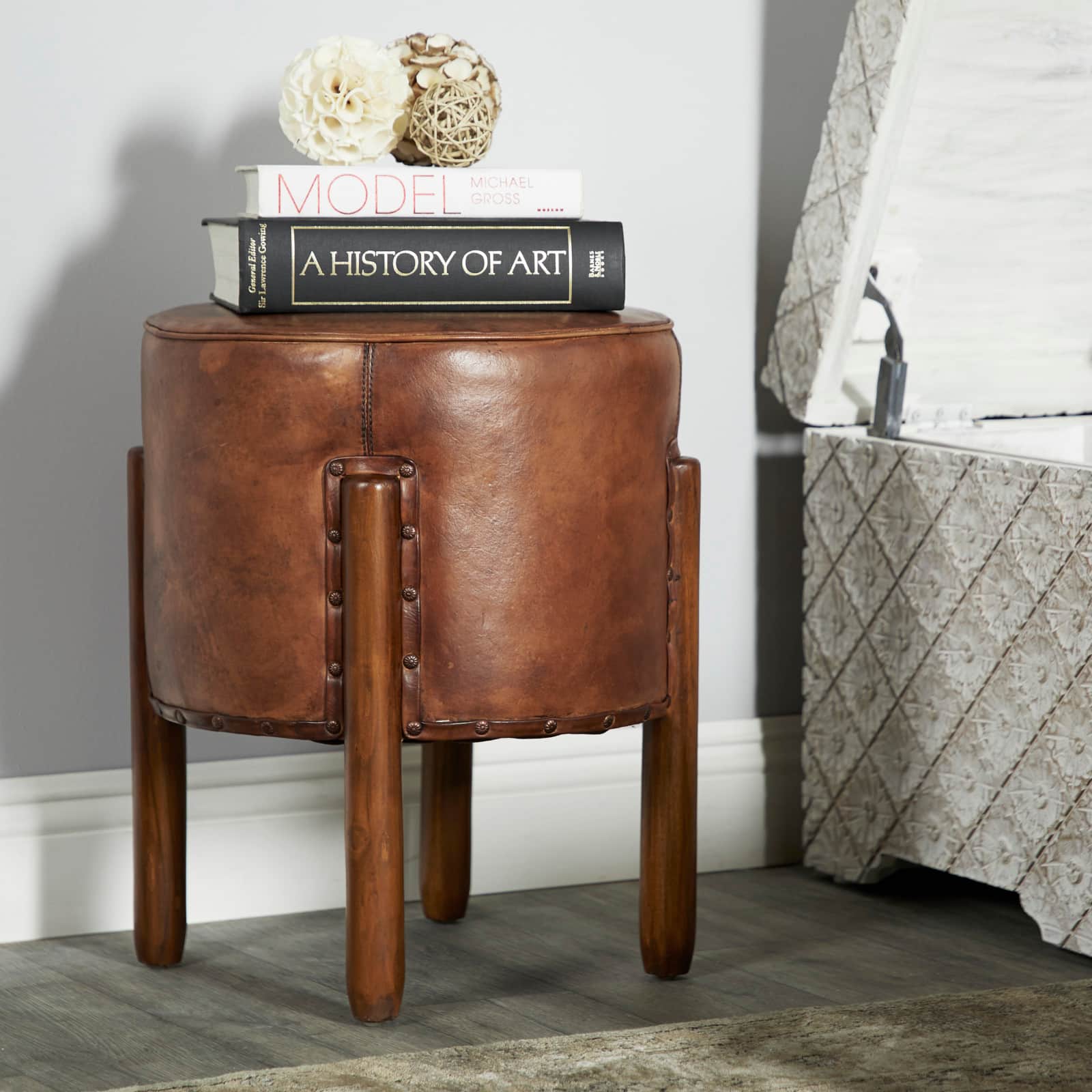 20" Brown Leather & Teak Traditional Stool