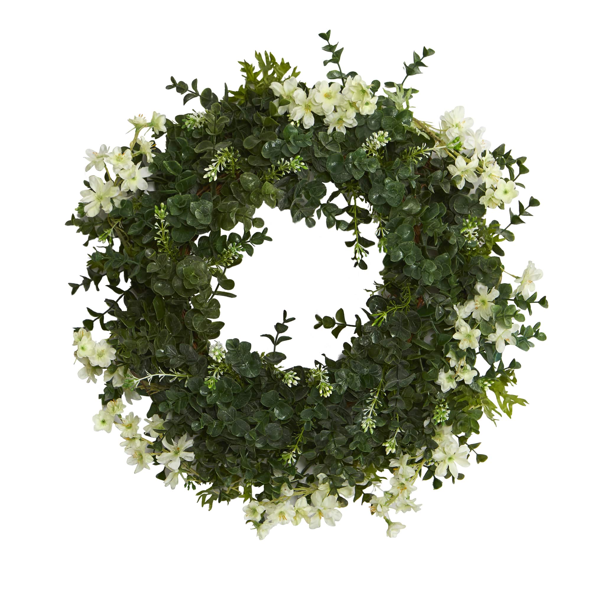 18" Eucalyptus & Dancing Daisy Double Ring Artificial Wreath With Twig Base