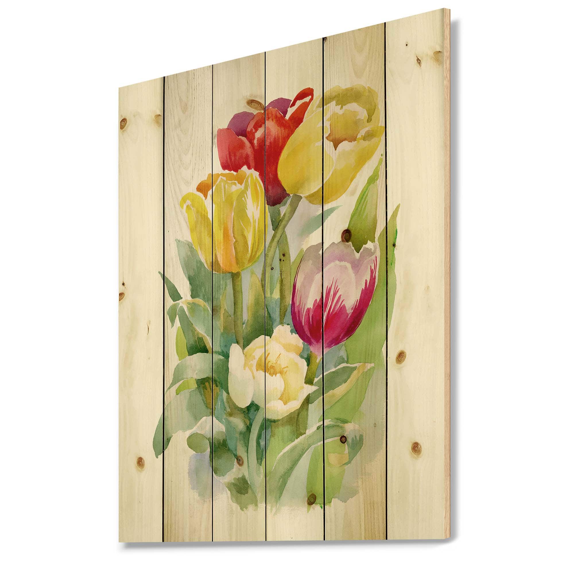 Designart - Bouquet of White and Red Tulips - Traditional Print on Natural Pine Wood