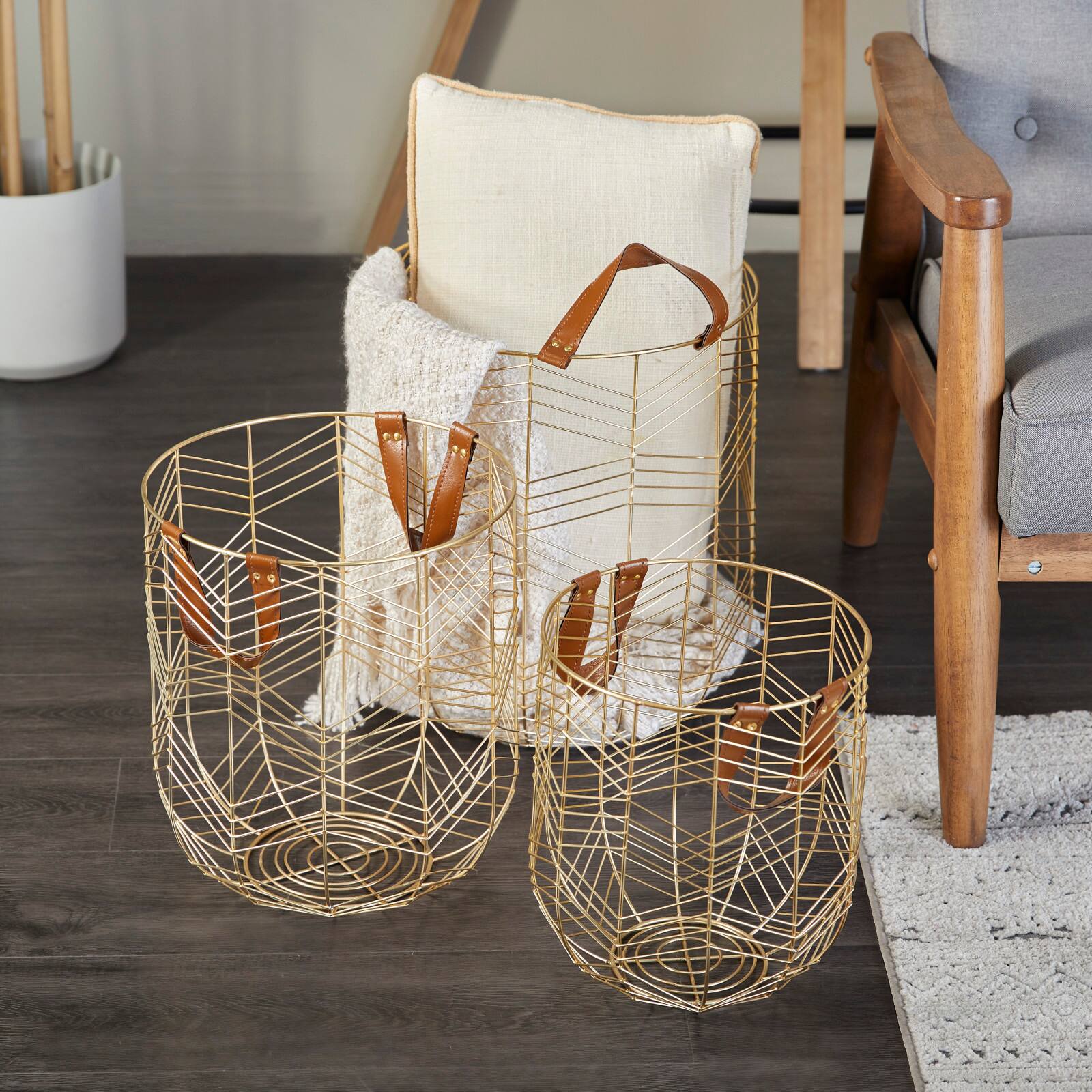 CosmoLiving by Cosmopolitan Gold Metal Storage Basket with Faux Leather Handles Set of 3 16", 14", 12"