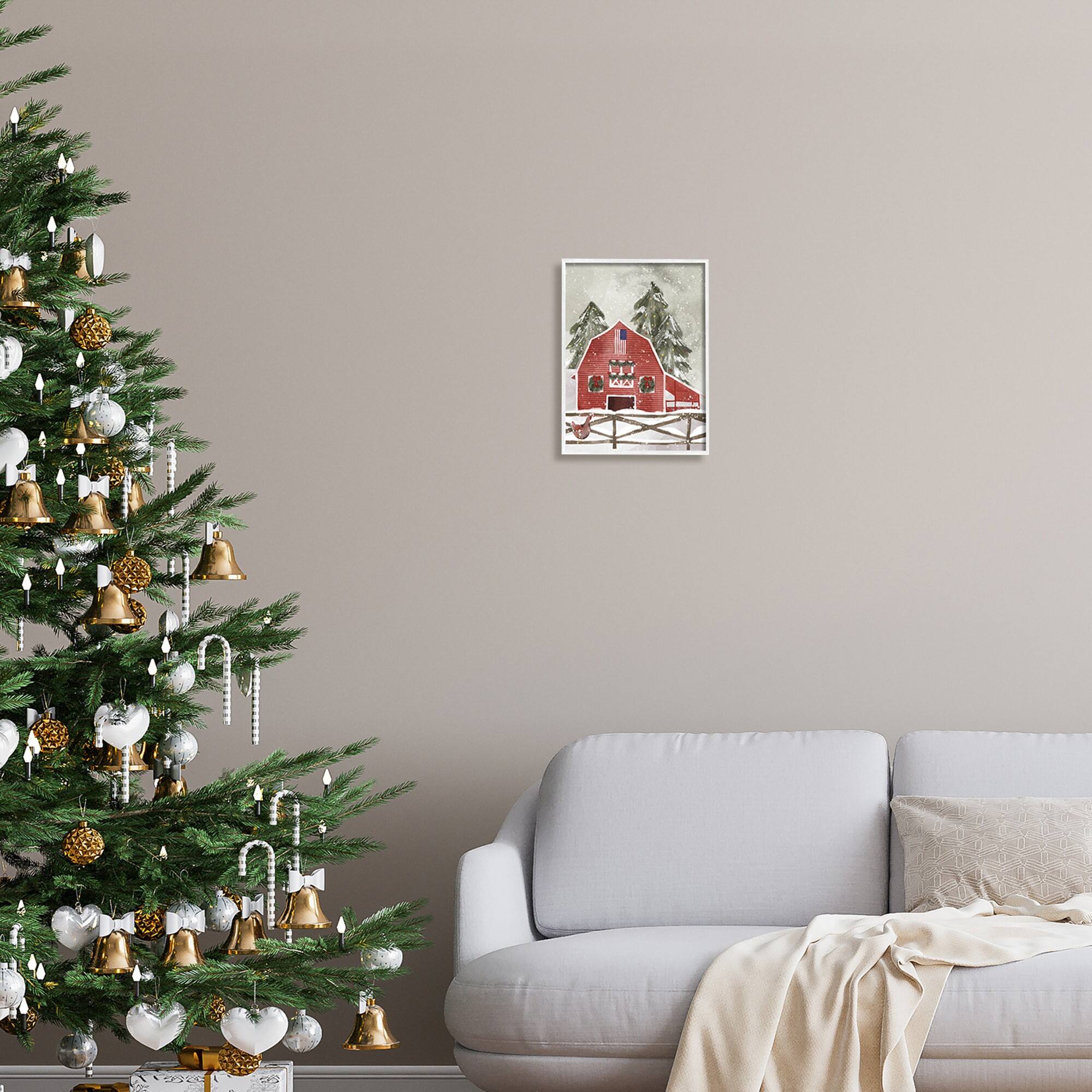 Stupell Industries Snowy Country Barn American Flag Framed Giclee Art