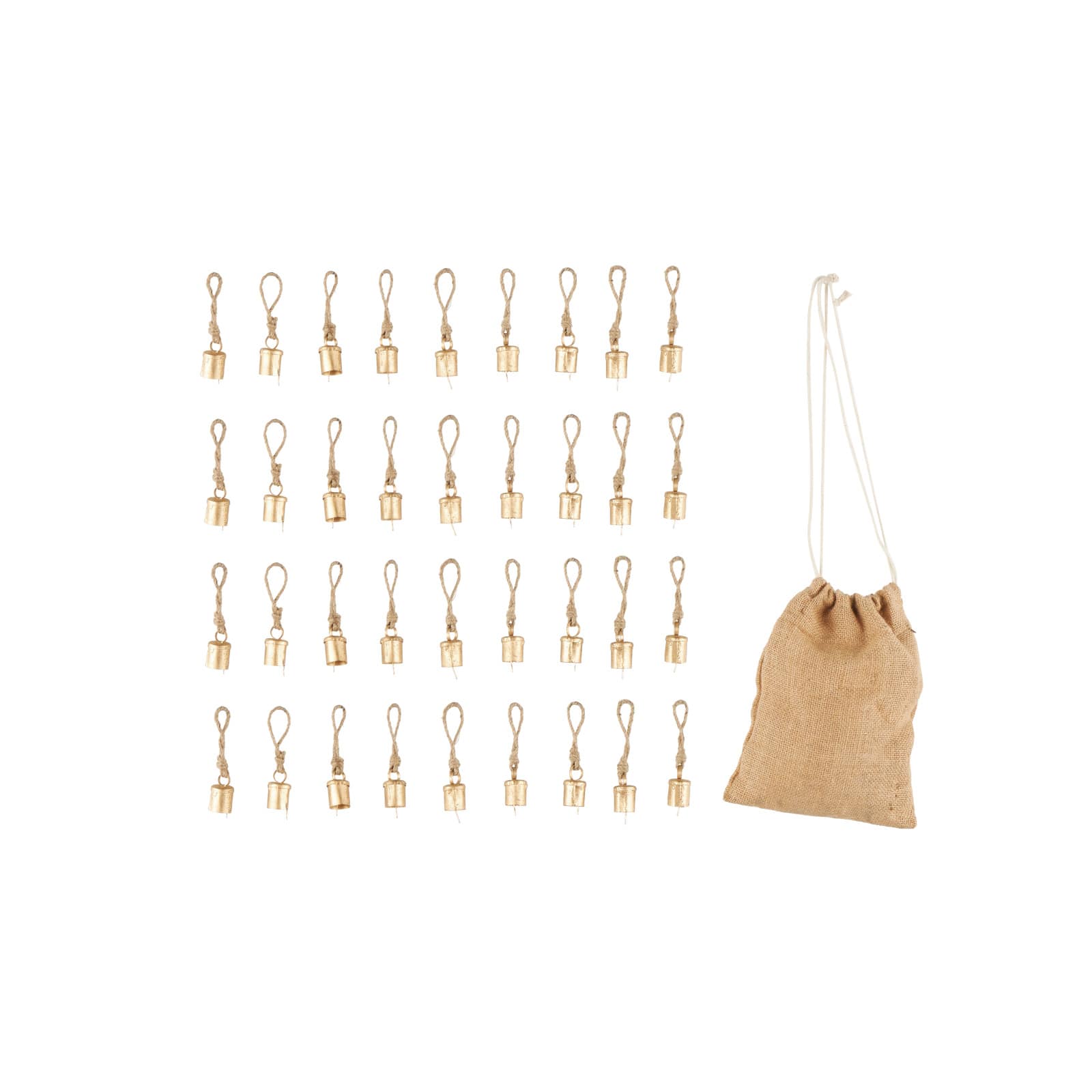 Gold Metal Tibetan-Inspired Decorative Bells with Brown Jute Rope & Canvas Drawstring Tote Set