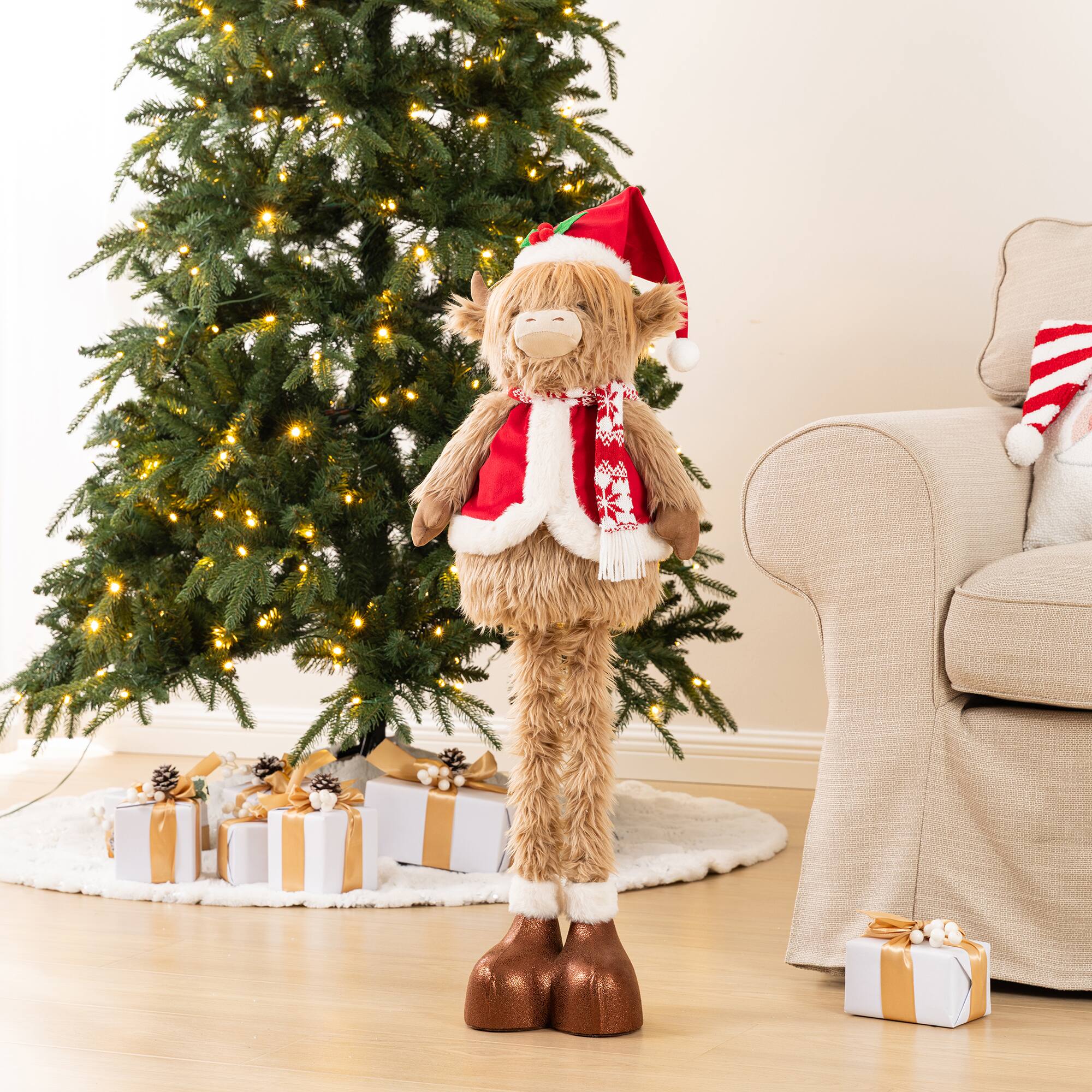Glitzhome® 19"-33" Telescoping Fabric Christmas Highland Cow Standing Decor