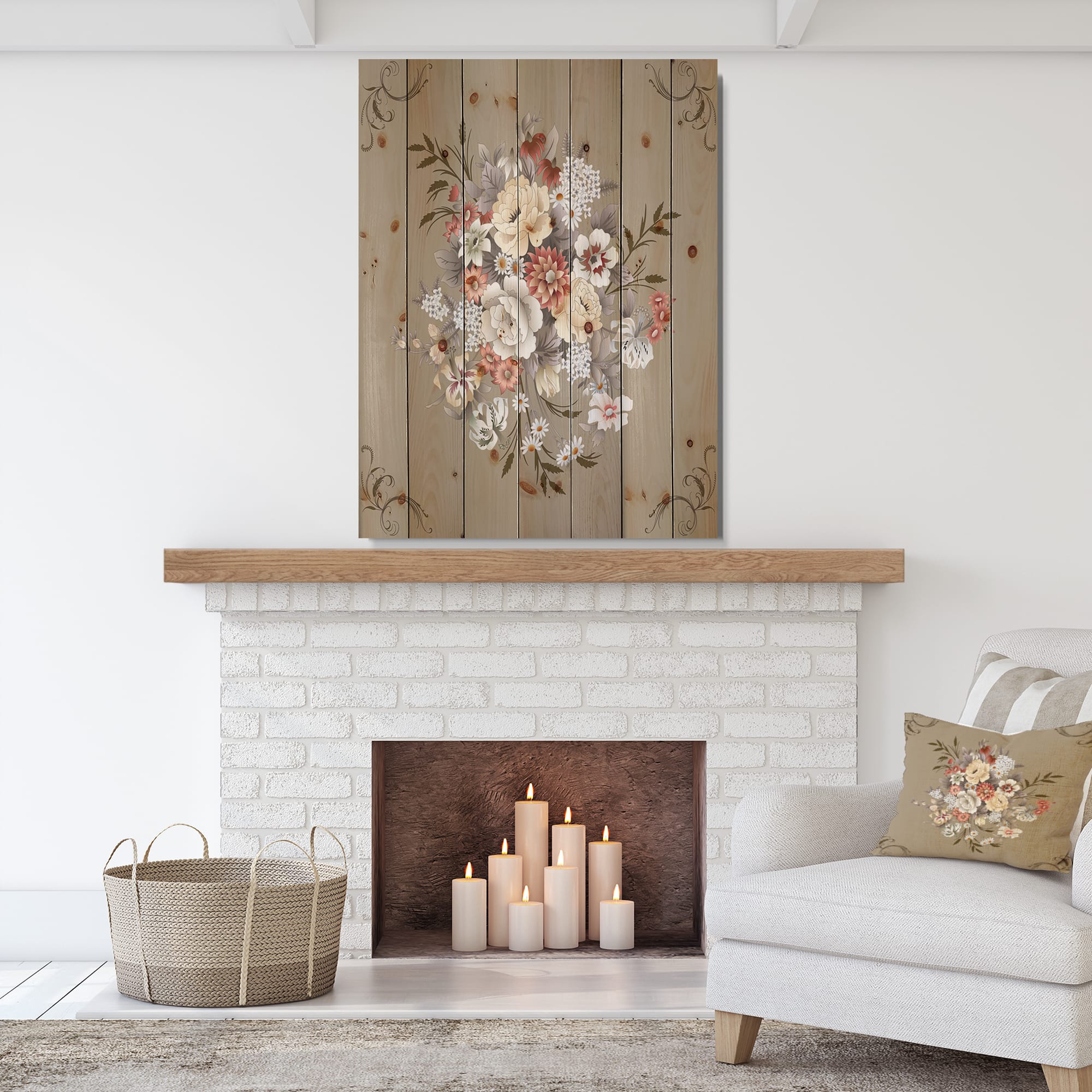 Designart - White and Yellow Floral Pattern - Floral Print on Natural Pine Wood