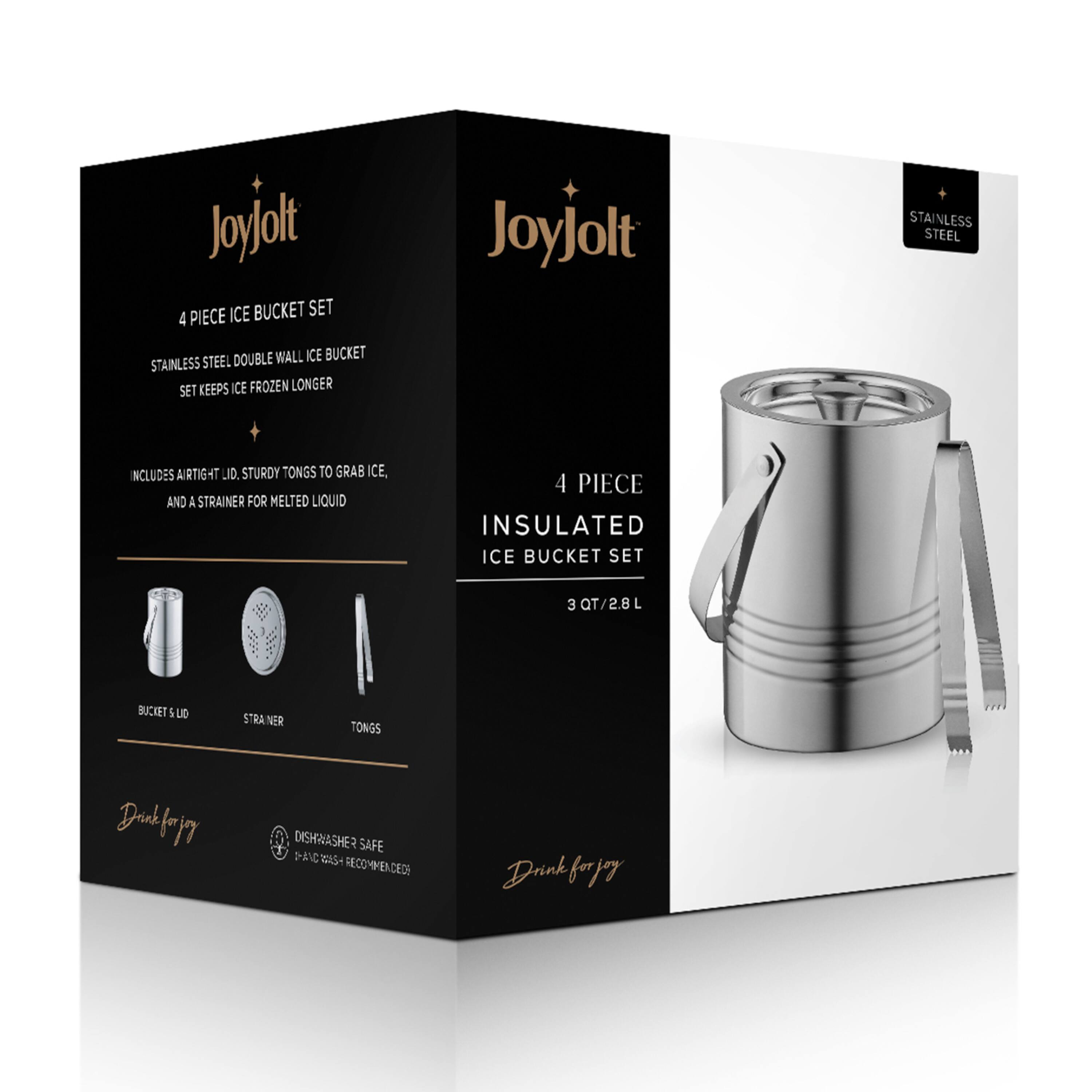 JoyJolt® Double Wall Stainless Steel Ice Bucket with Strainer & Tongs