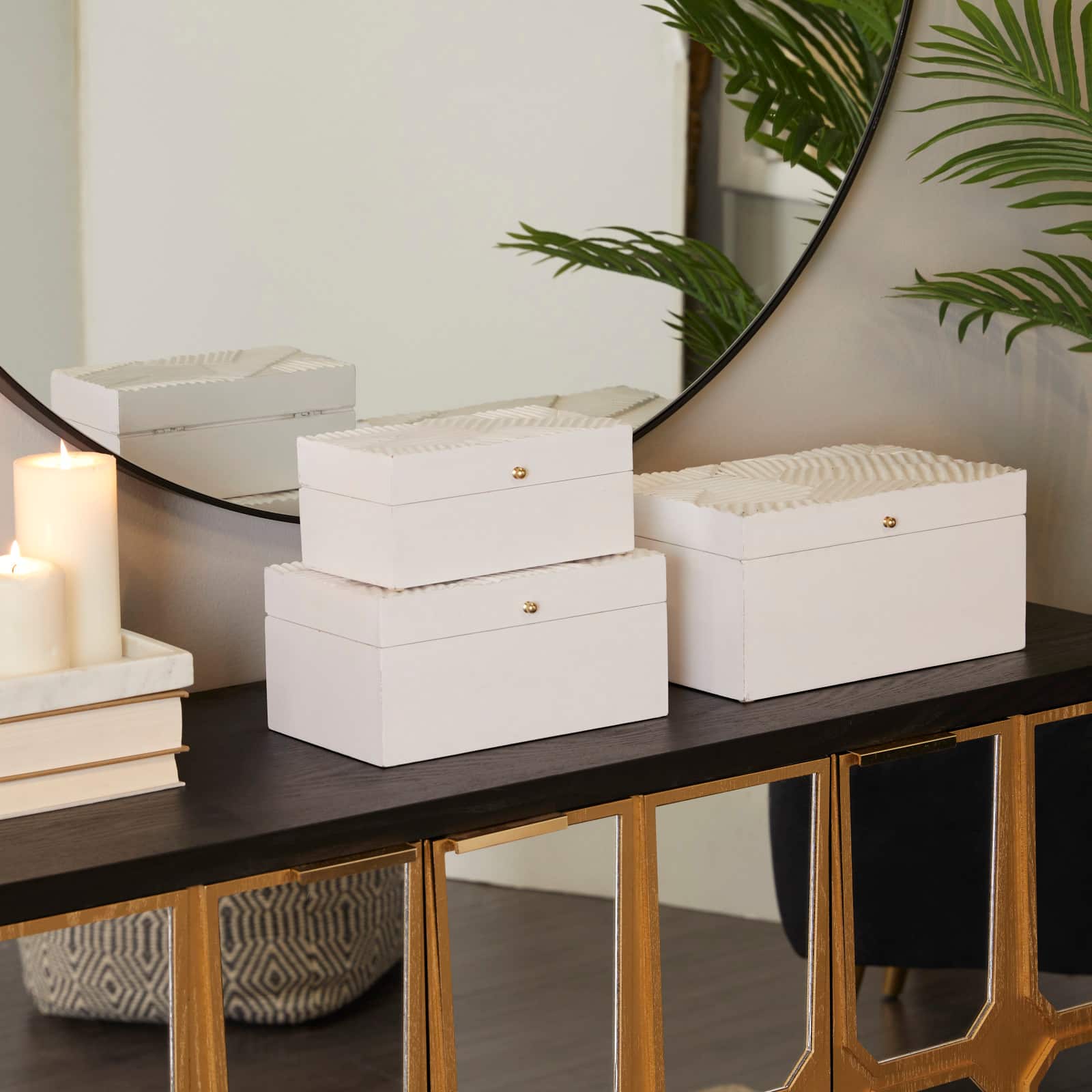 White Wood Intricate Carved Box with Hinged Lid Set