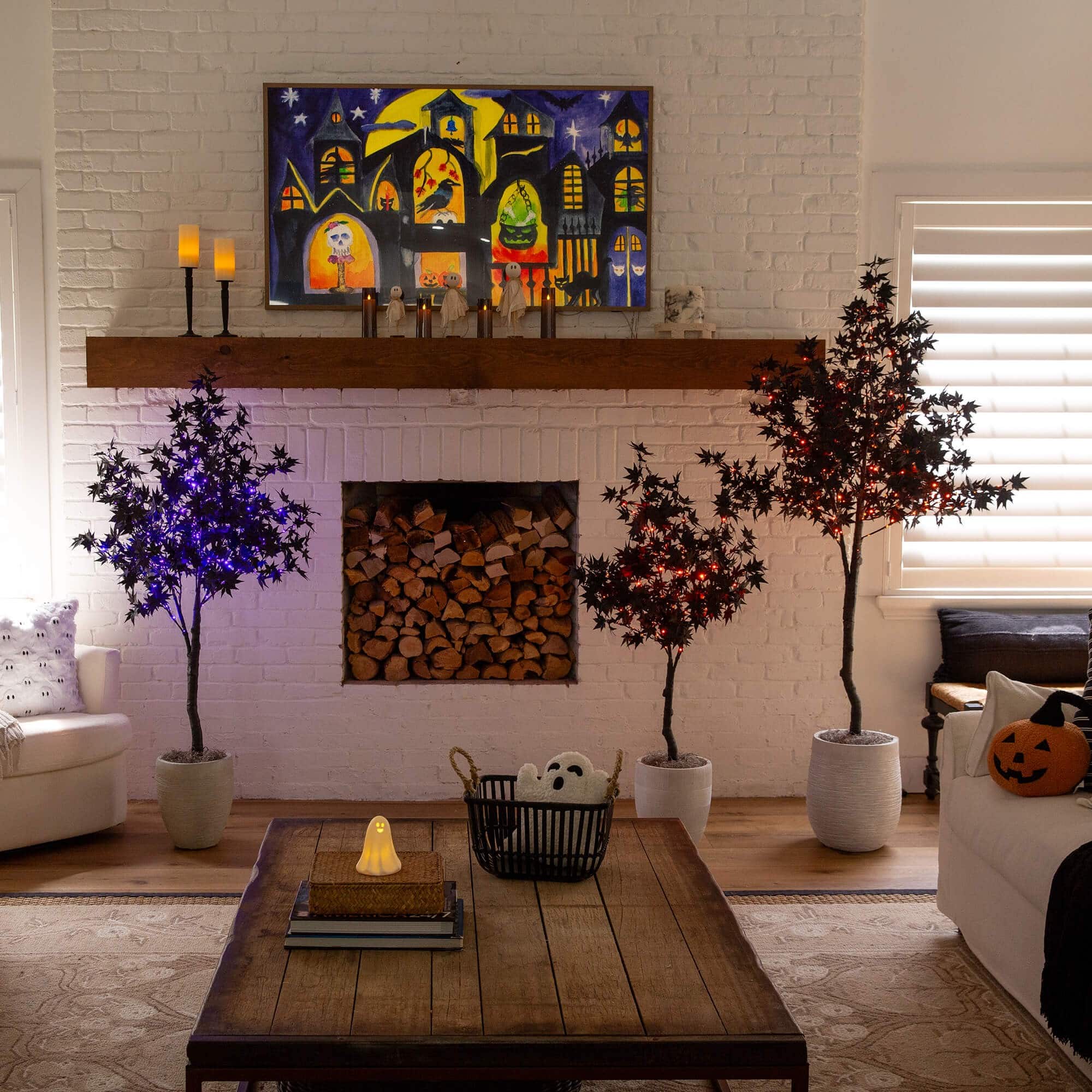 4ft. Pre-Lit Artificial Halloween Black Eucalyptus Tree with 160 Orange & Purple LED Lights