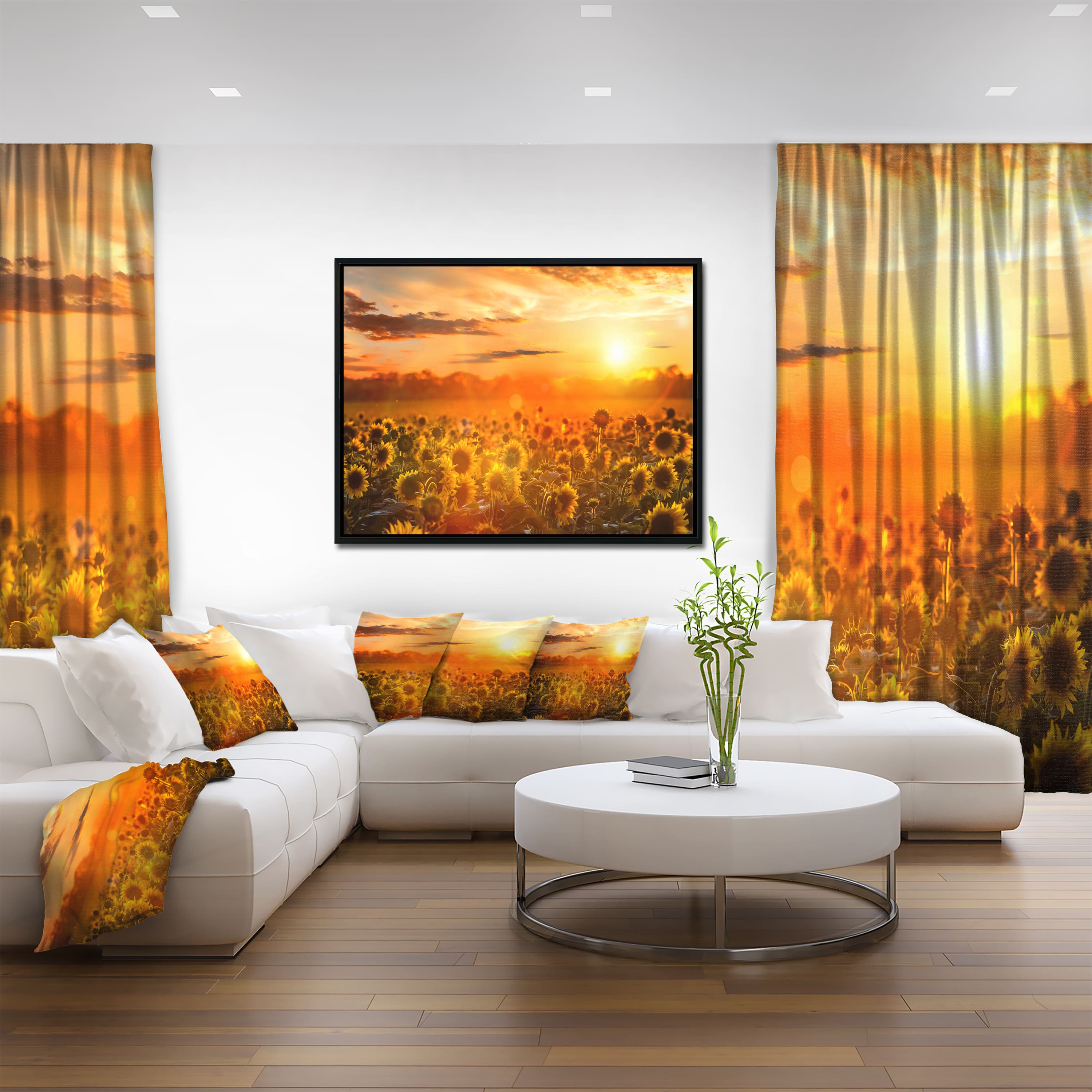 Designart - Yellow Sunset over Sunflowers - Floral Photography Framed Canvas Art