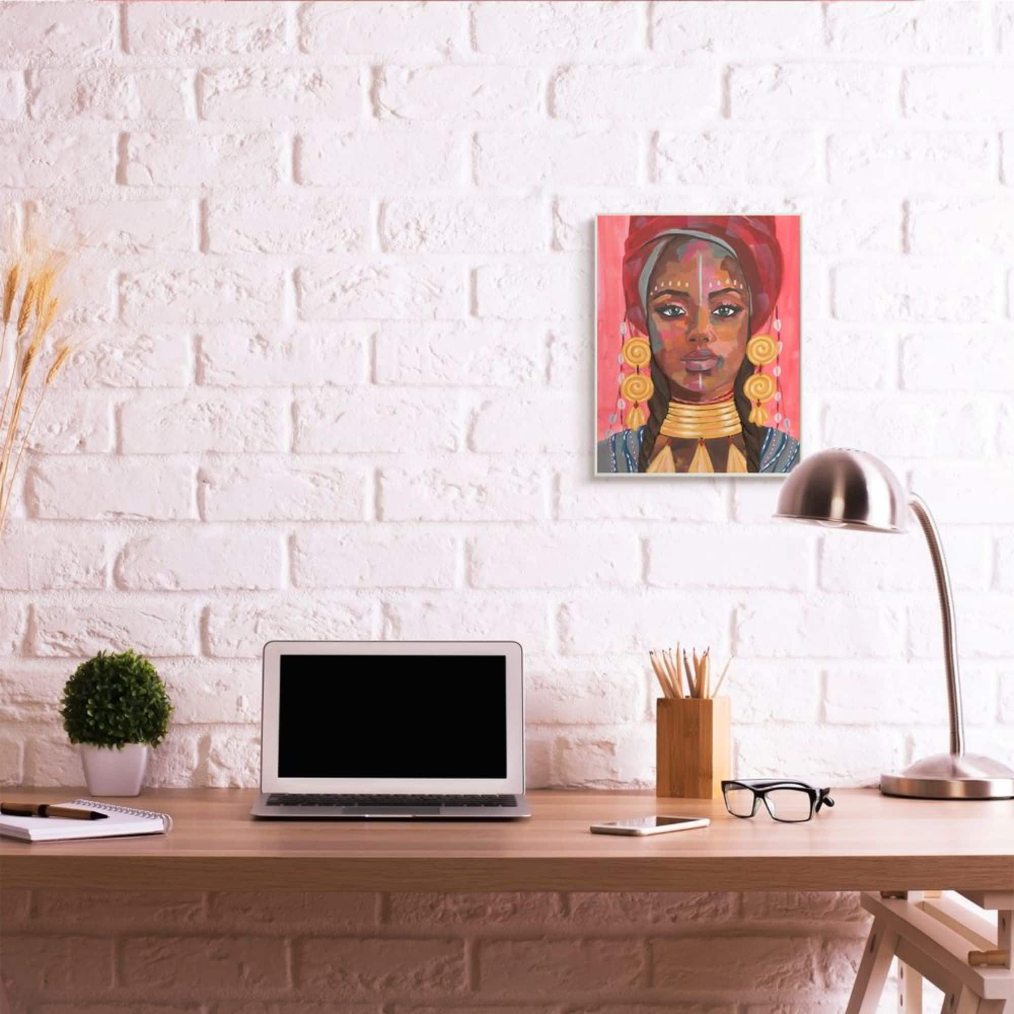 Stupell Industries African Female Portrait with Golden Jewelry Wood Wall Plaque