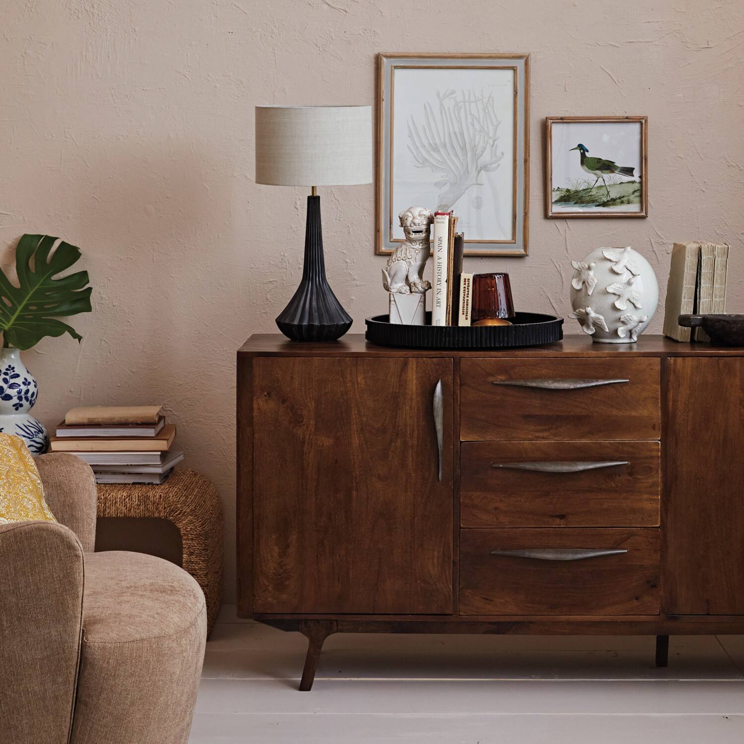 Hello Honey® 24" Black & Natural Mango Wood Pleated Table Lamp with Linen Shade