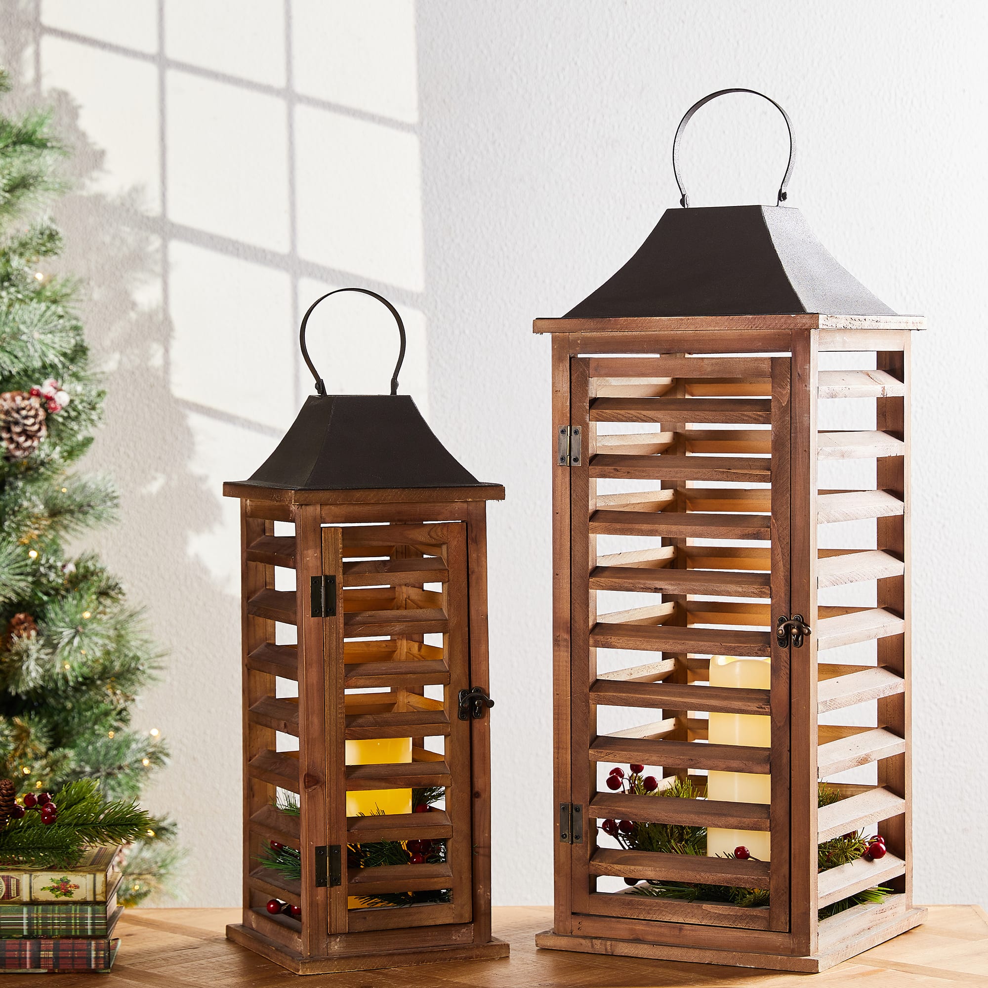 Modern Farmhouse Wooden Shutter Lantern Set, 25.5" & 19"
