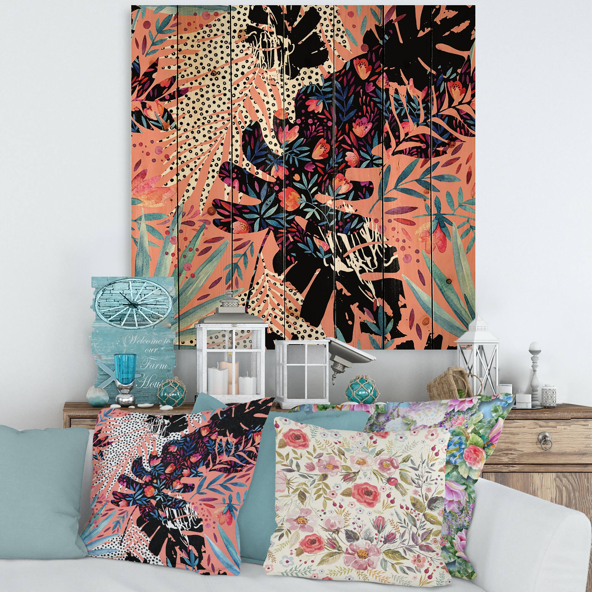 Designart - Tropical Floral Patchwork II - Tropical Print on Natural Pine Wood