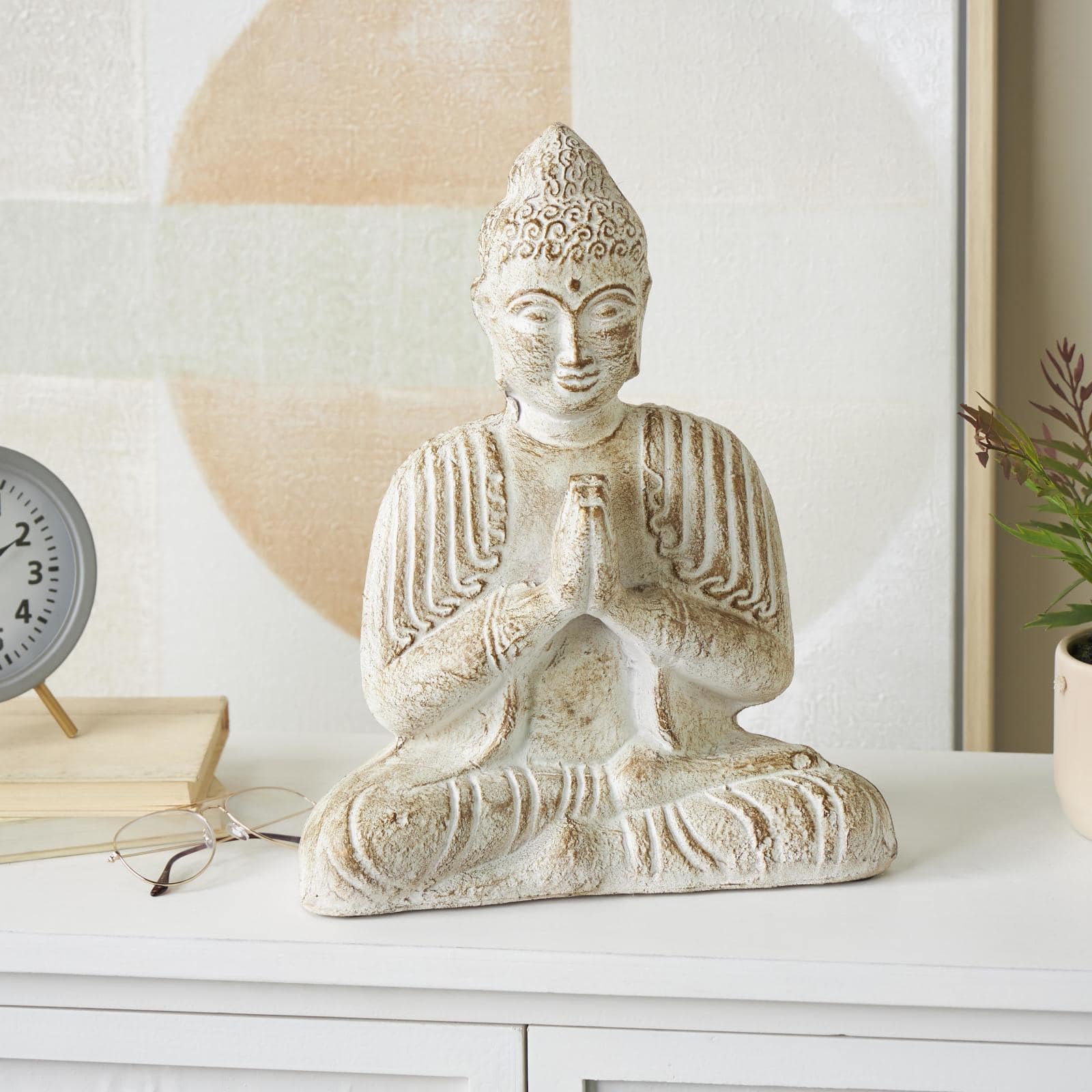 16" Cream & Brown Distressed Handmade Paper Mache Buddha Sculpture