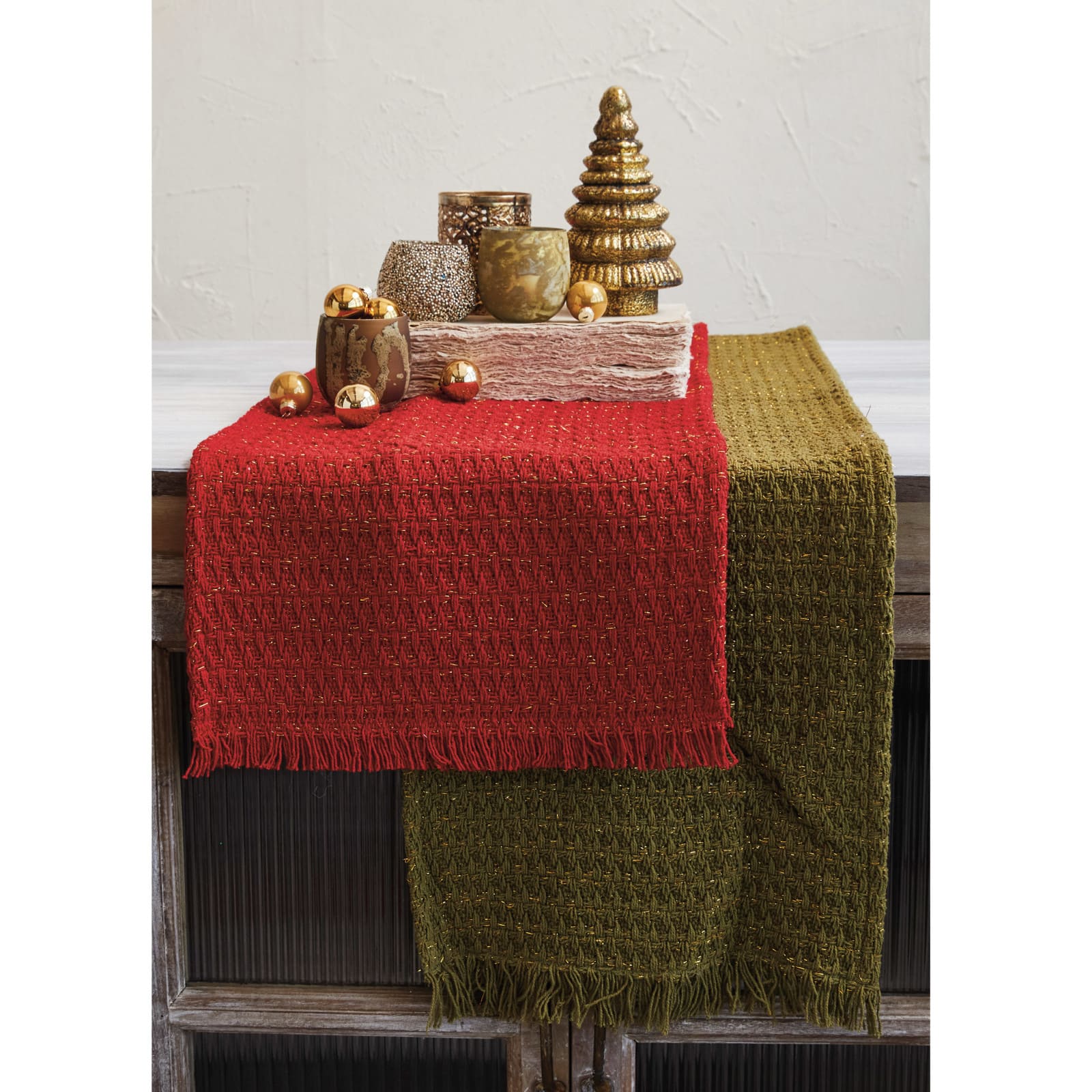 Hello Honey® 108" Green Woven Cotton Table Runner with Metallic Gold Thread & Fringe