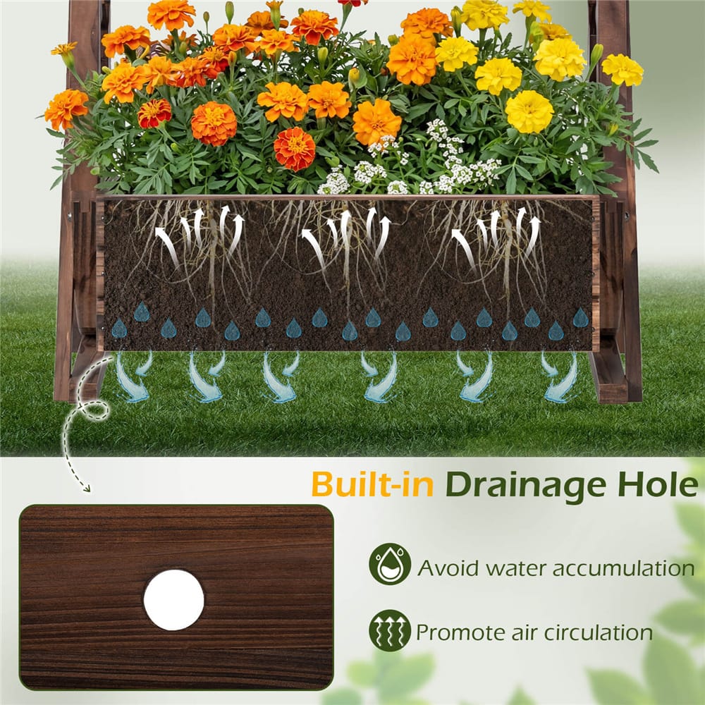Costway 22" x 13" x 22" 2-Tier Rustic Wood Wagon Planter with Drainage Semi-Wheels Set