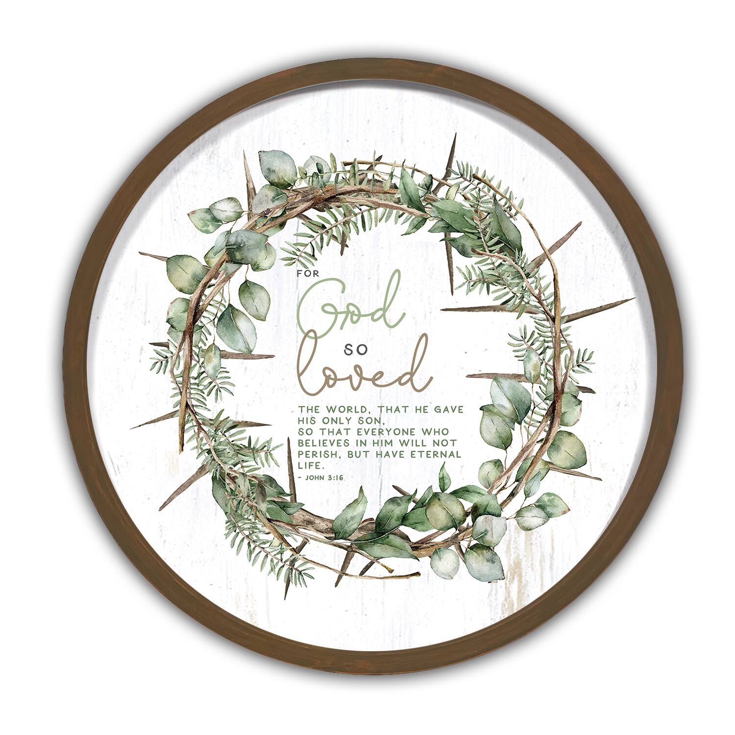 For God So Loved Round Brown Framed Print