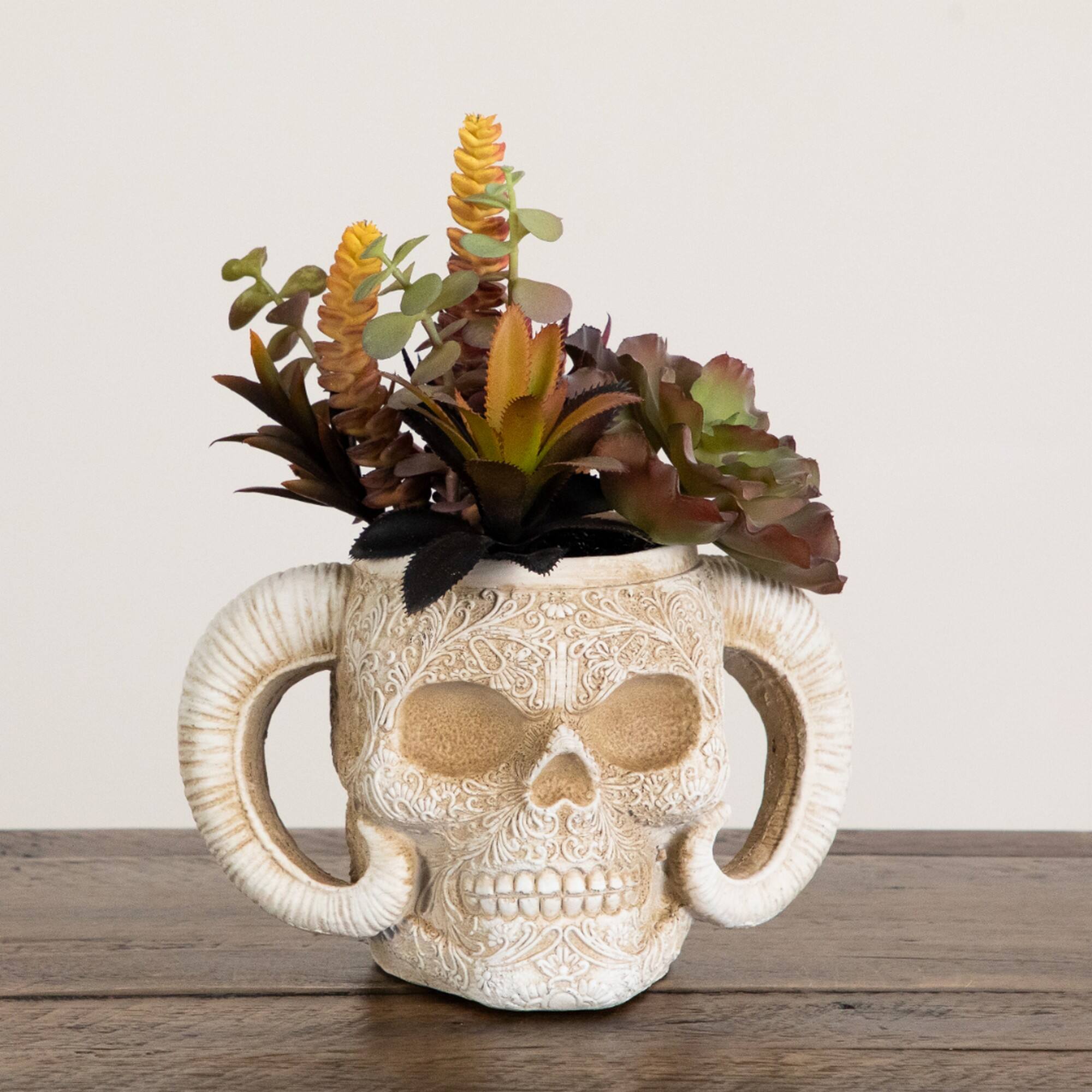 9.5" Artificial Halloween Succulent Garden in Horned Skull Planter