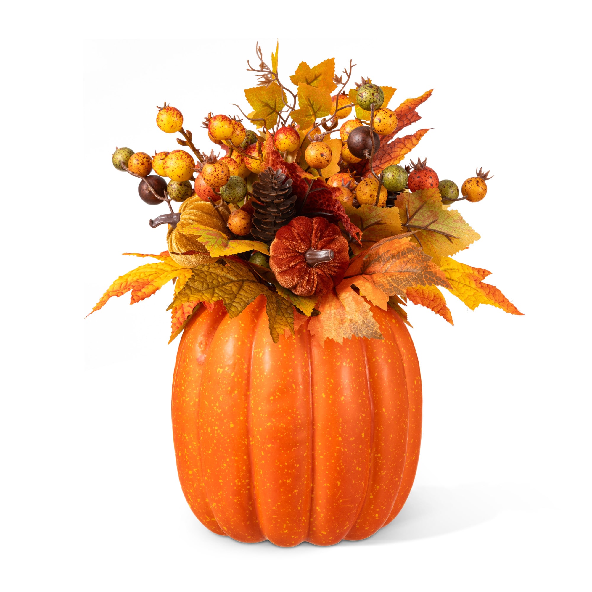 Glitzhome® 15" Fall Velvet Pumpkin, Pinecone & Berry Centerpiece